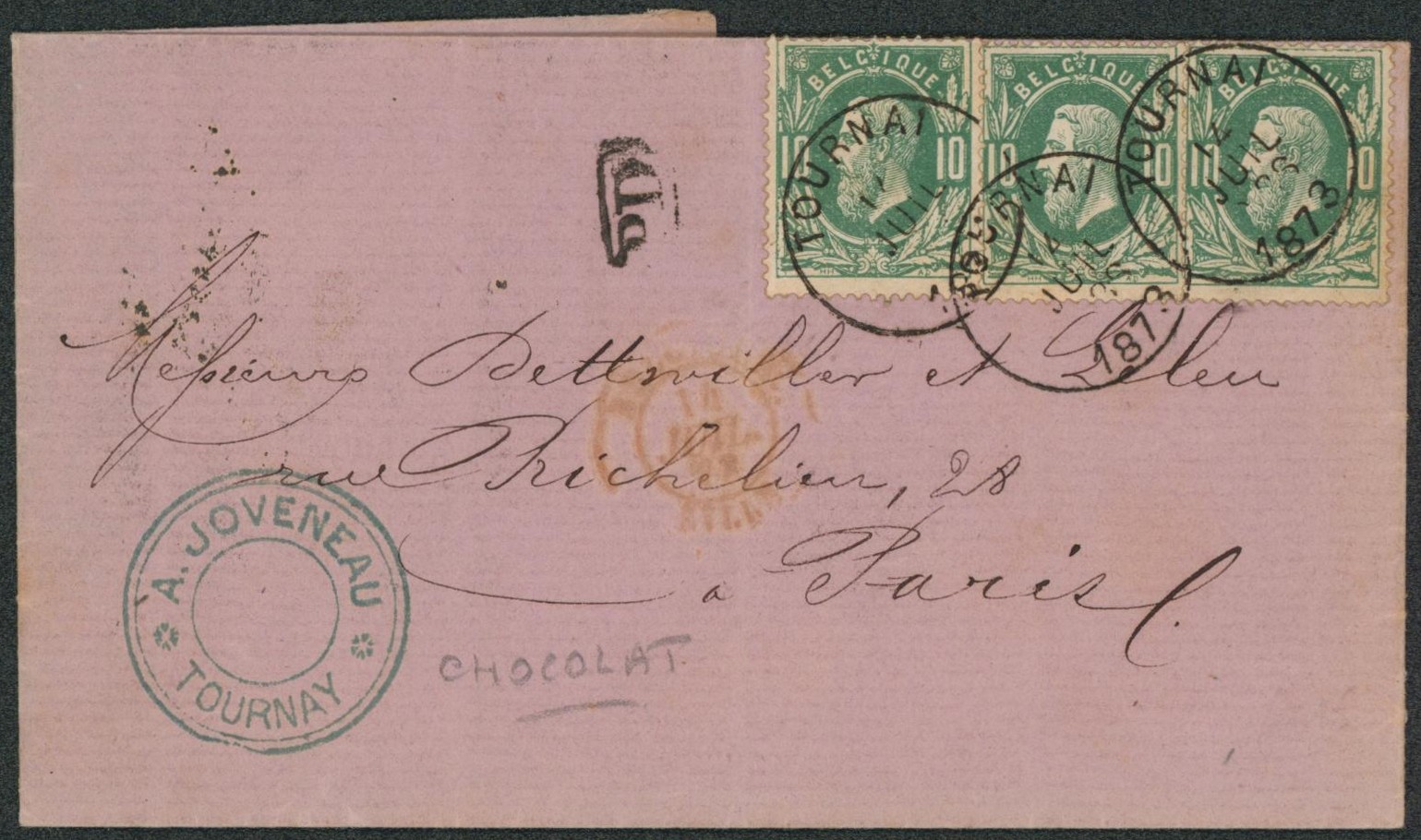 n°30 x3 sur LAC illustrée (Chocolat) obl simple cercle "Tournay" > Paris. "