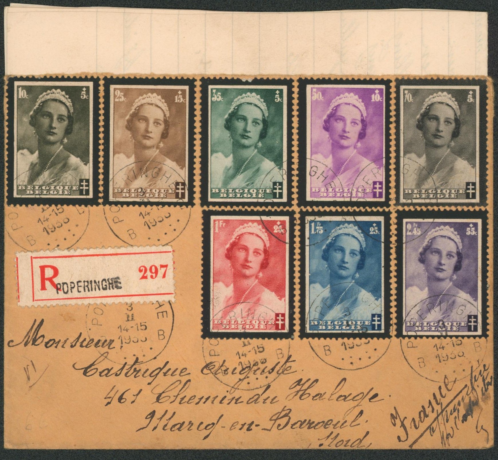 Deuil de la reine astrid - série complète çàd n°411/18 sur lettre en recommandé de Poperinghe > Marcq-en-baroeul (France). 