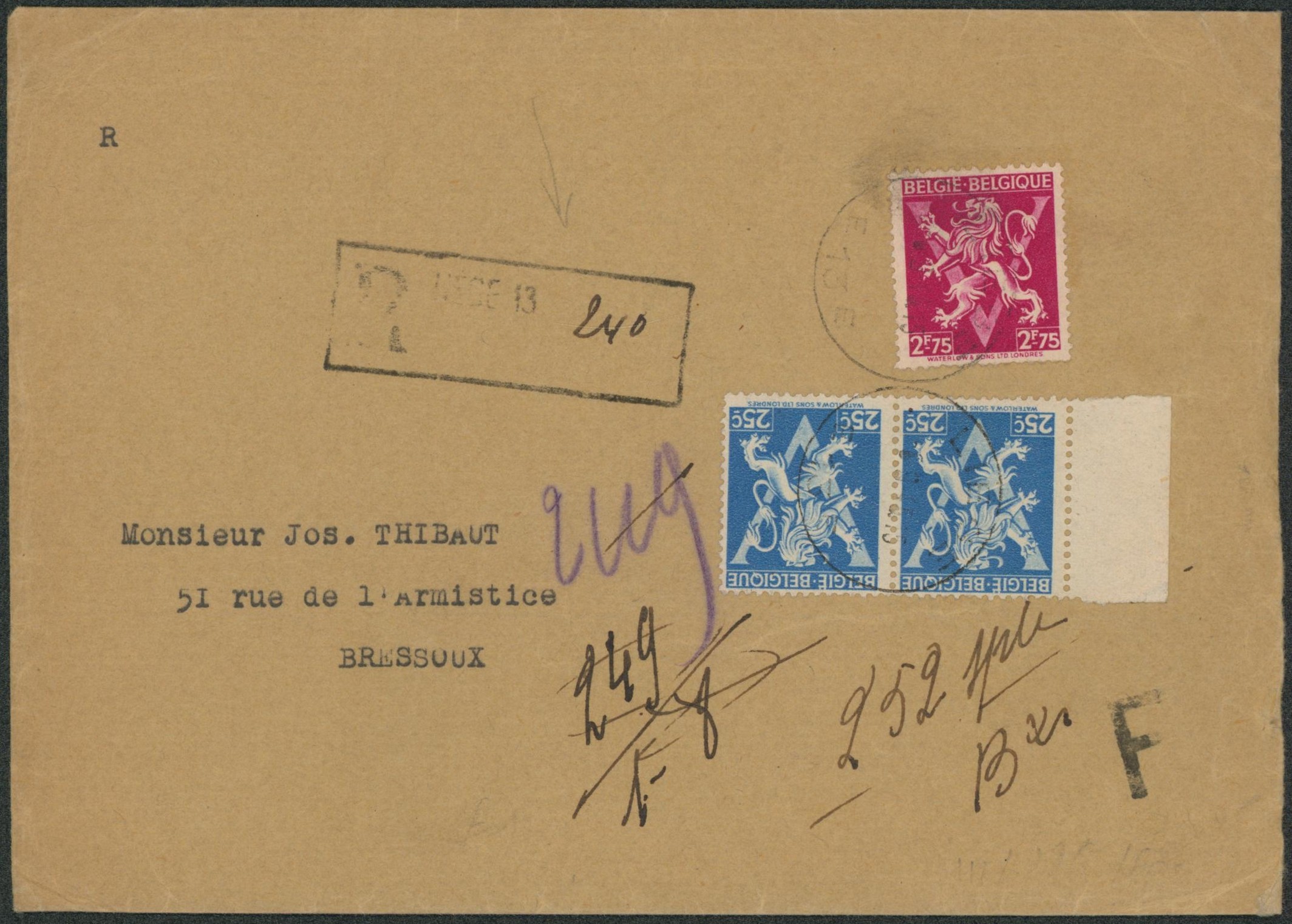 Lion héraldique "V" - Affranch. À 3F25 sur lettre + recommandé de fortune Liège 13 > Bressoux. Verso 2 types d'étiquettes "Absent""