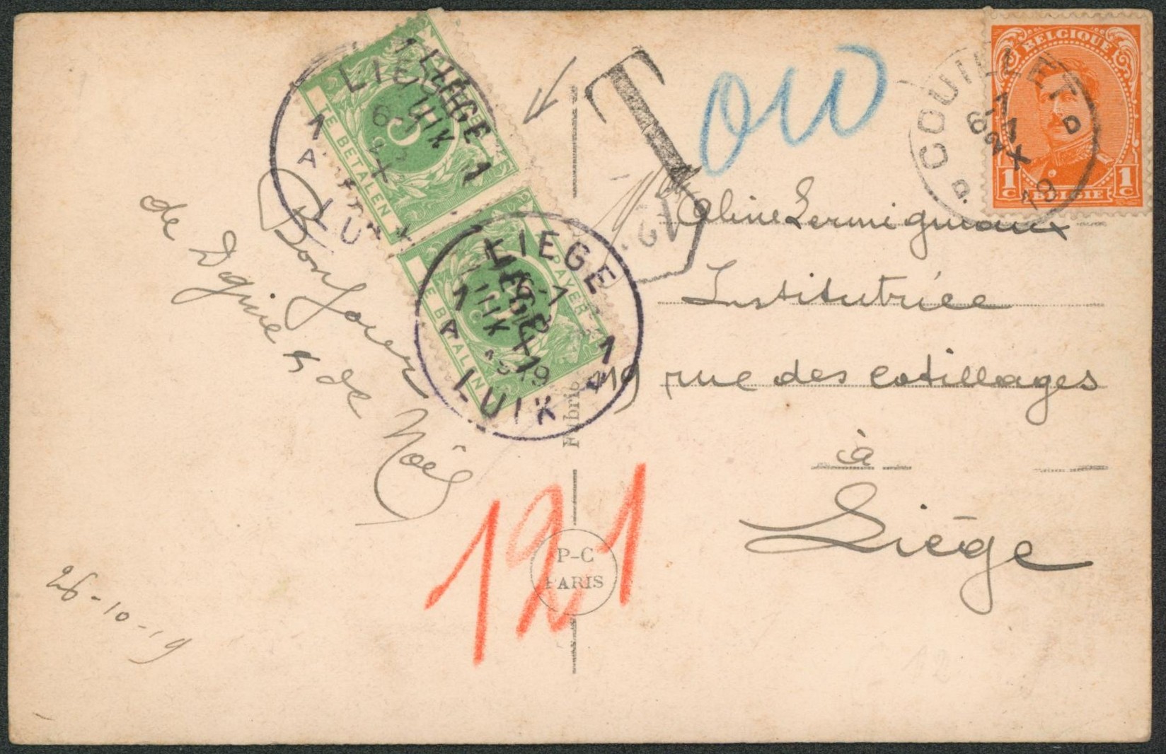 n°135 sur CP vue obl de fortune Couillet D > Liège + TX12A en paire surcharge "Liège / Luik 1""
