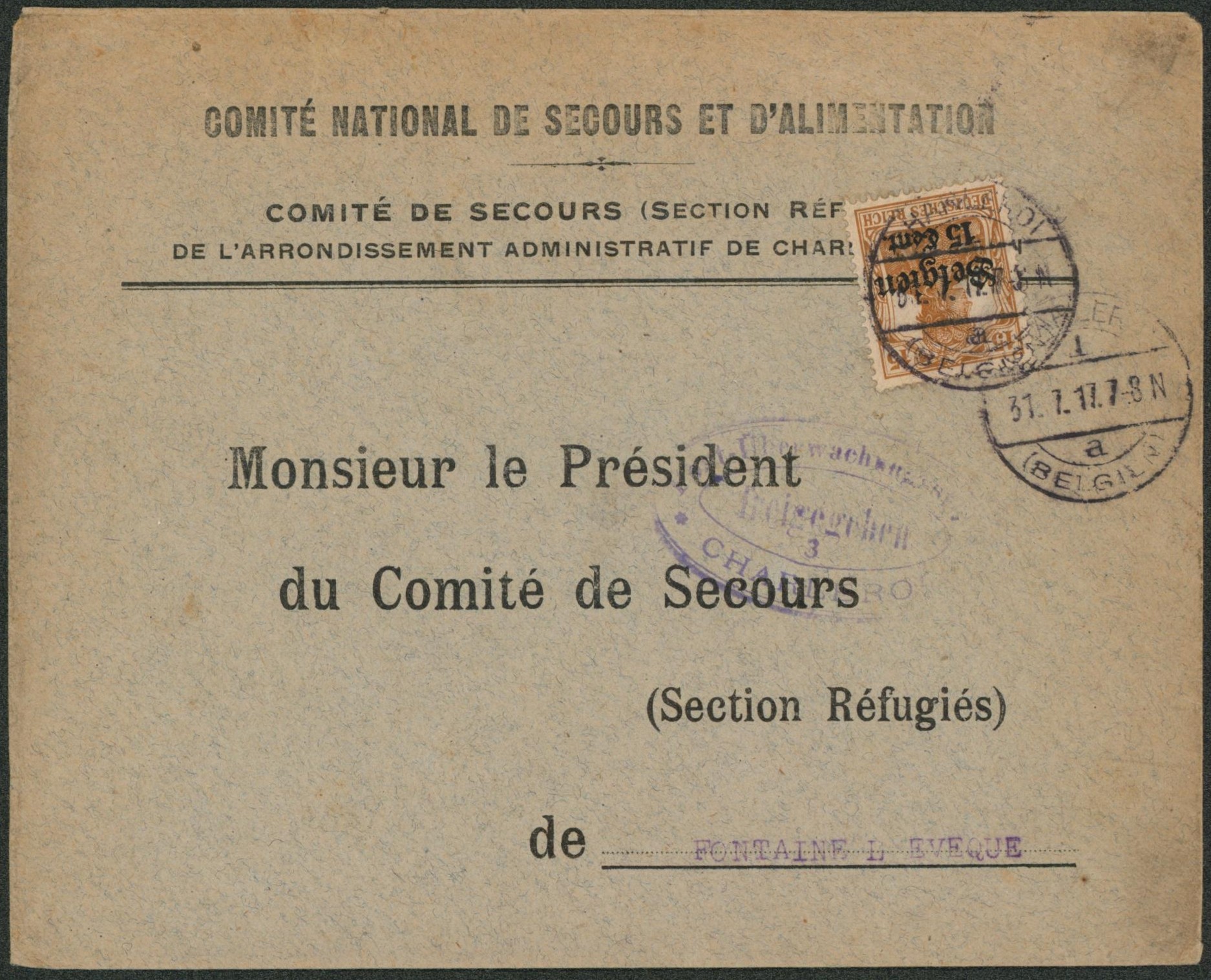 OC15 sur lettre à en-tête (comité national de secours et d'alimentation) obl à pont "Charleroi" > Section refugiés de Fontaine-l'évêque. "