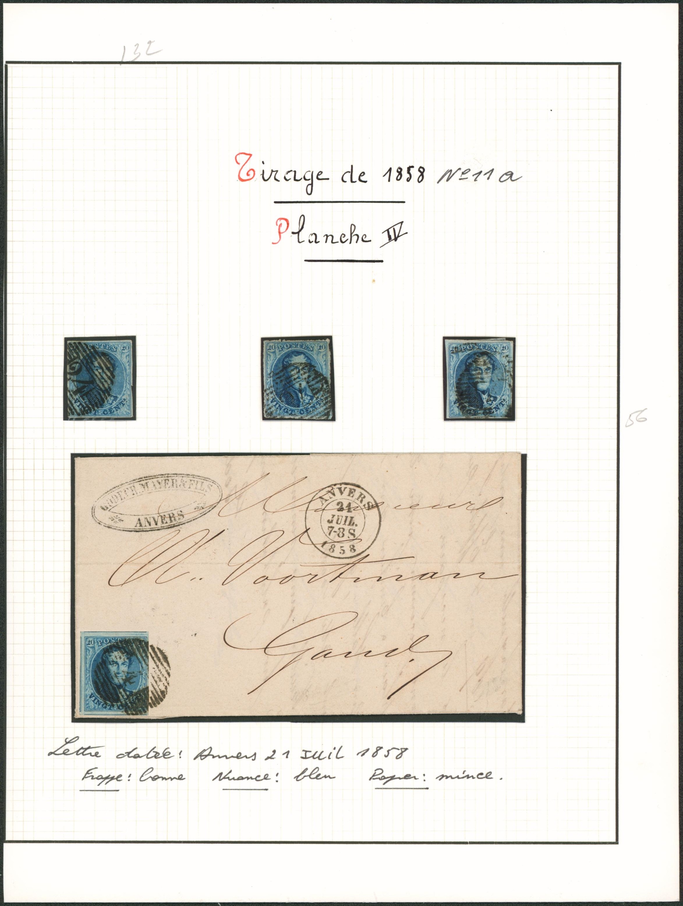 Page de collection - n°11A planche IV çàd 3 timbres et une lettre. 