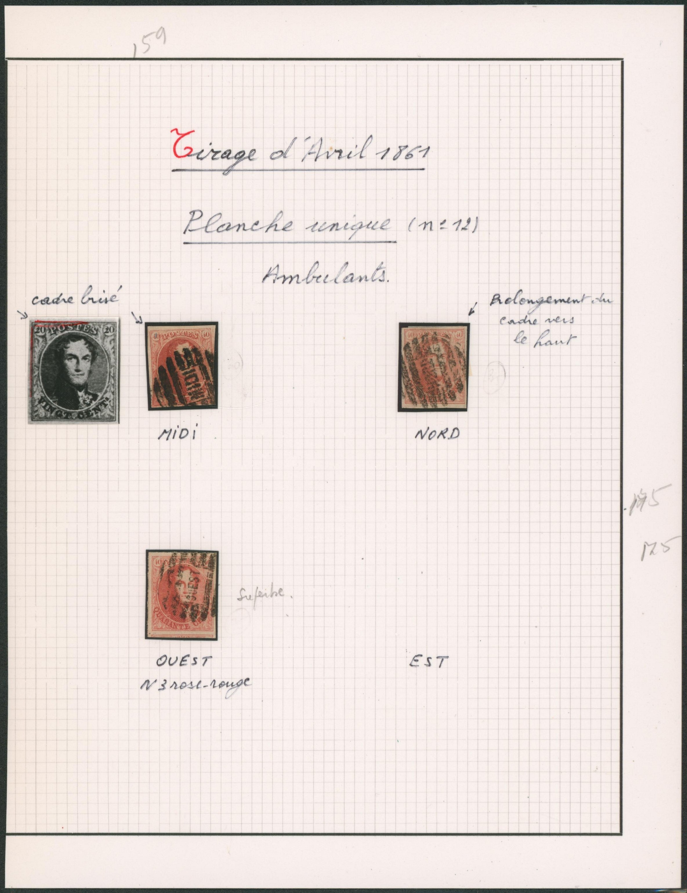 Page de collection - n°12 planche unique çàd 3 timbres bien margés + cachet bureau secondaire de Bruxelles (MIDI, NORD et OUEST). 