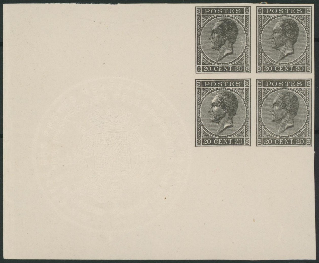 émission 1865 (essai) - réimpression des coins adoptés sur papier blanc (feuillets ministériels) çàd bloc de 4 du 20ctm noir intense. Superbe ! STES RP112