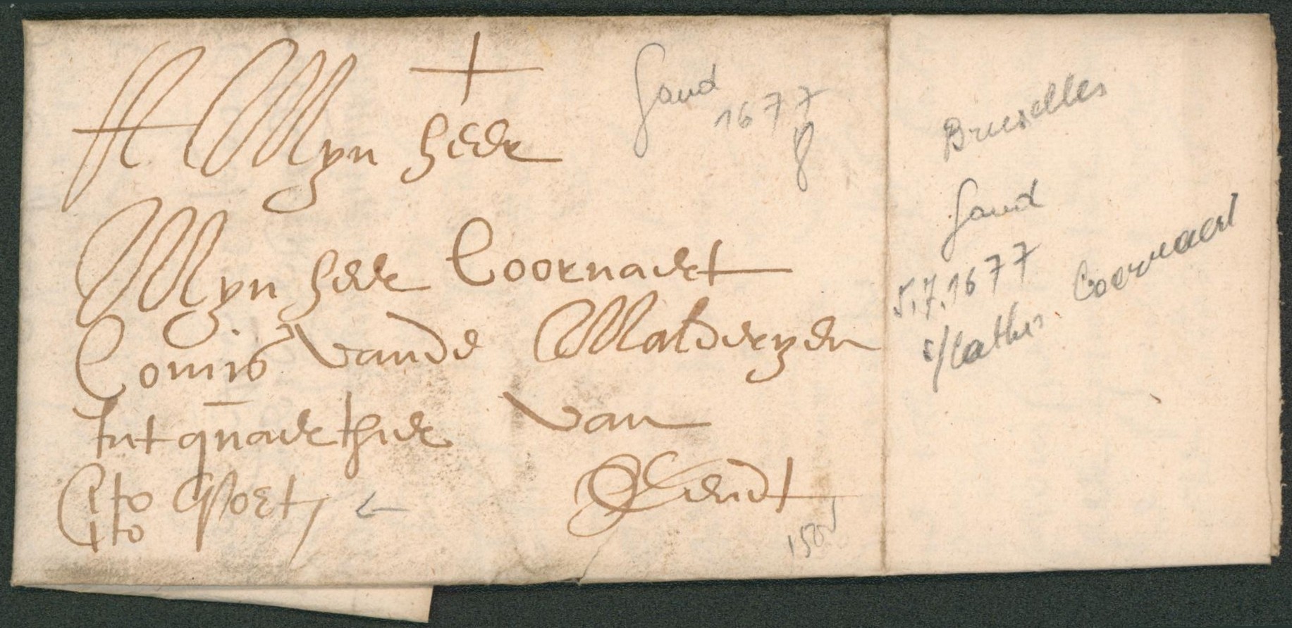 LAC datée de Gand (1677) via Brussel et retour à Gand + manuscrit "Cito Cito te Gent" / Messager"