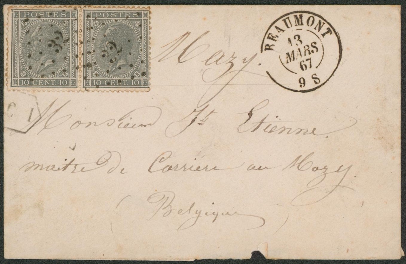 n°17 en paire sur petite enveloppe obl Pt 32 çàd Beaumont > Mazy 