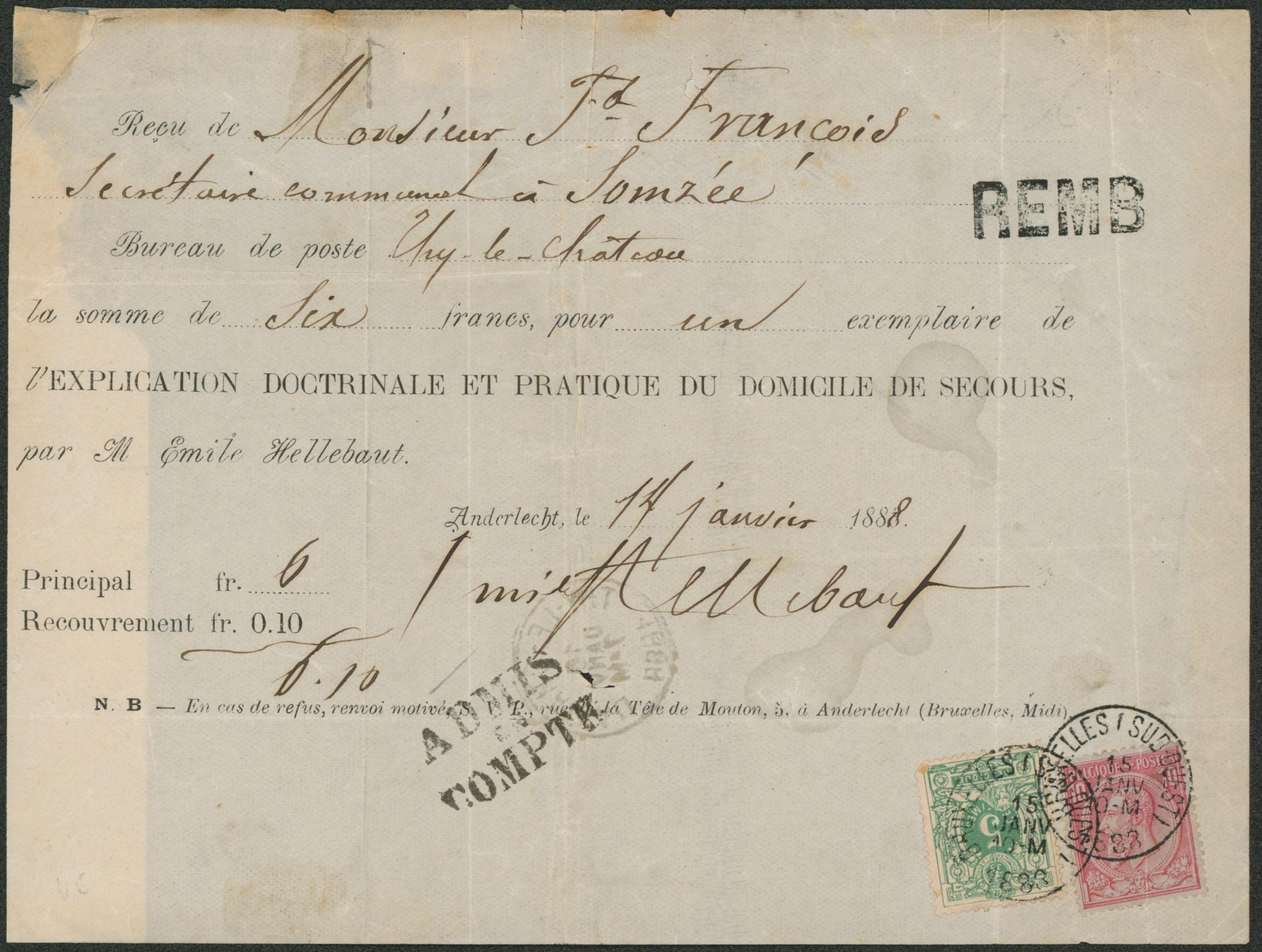 n°45 et 46 sur reçu admis au bureau de poste de Thy-le-château > Anderlecht çàd obl S.C. "Bruxelles (Sud-Ouest)" et griffe linéaire REMB. (remboursement)"