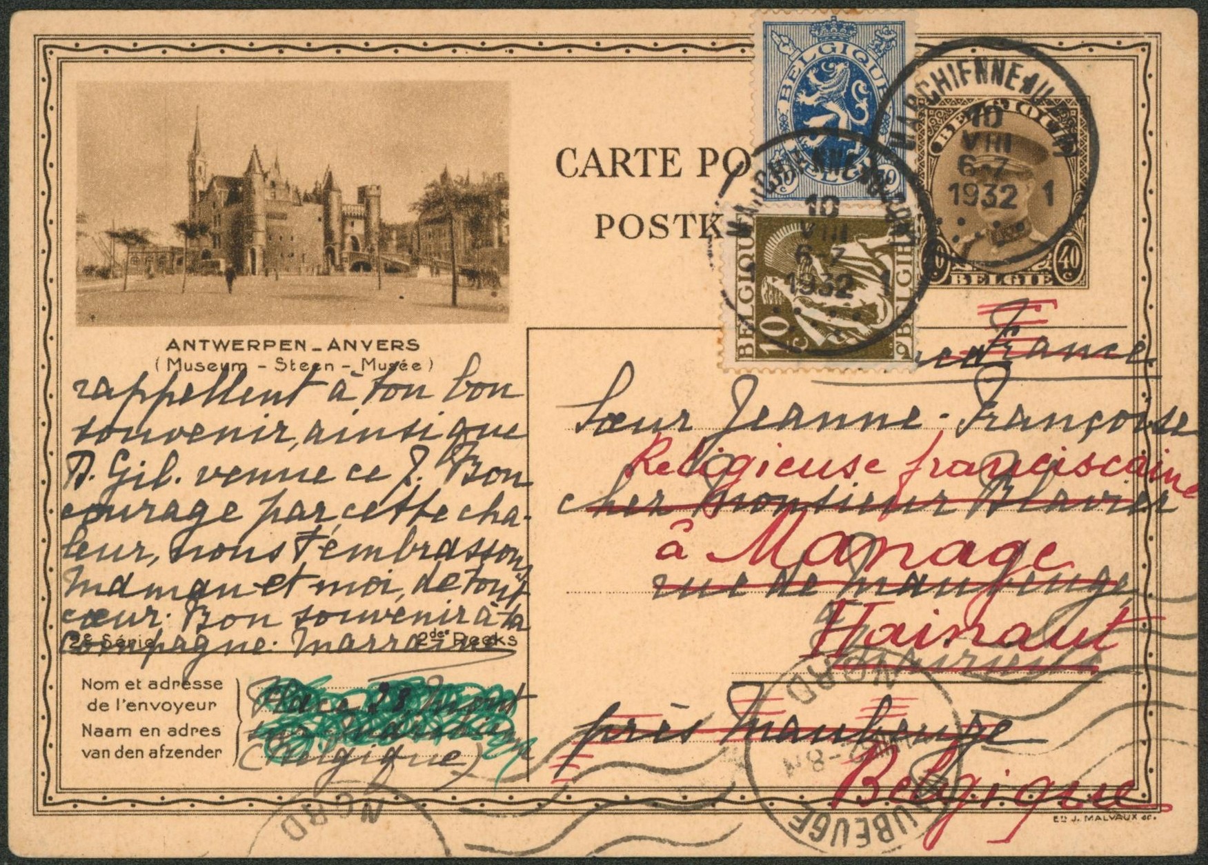 EP au type carte illustrée 40ctm brun képi (2e série) + Affranch. Complémentaire soit 60ctm de Marchienne-au-pont > Maubeuge (Nord, France) redirigé vers Manage (Belgique). 