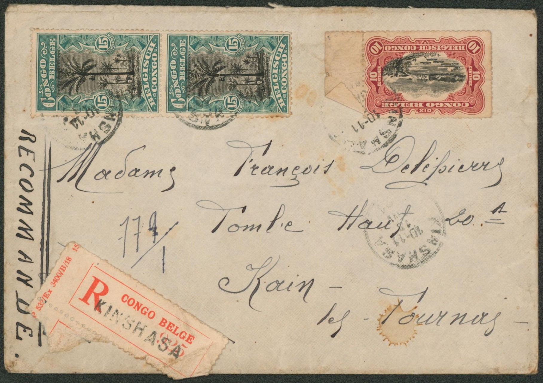 Congo Belge - Mols n°65 et 66 en paire sur lettre en recommandé de Kinshasa > Kain-lez-tournai + arrivée. TB 