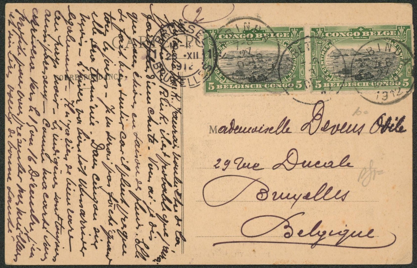 Congo belge - Mols n°54 en paire sur CP obl simple cercle "Kabinda" > Bruxelles. "