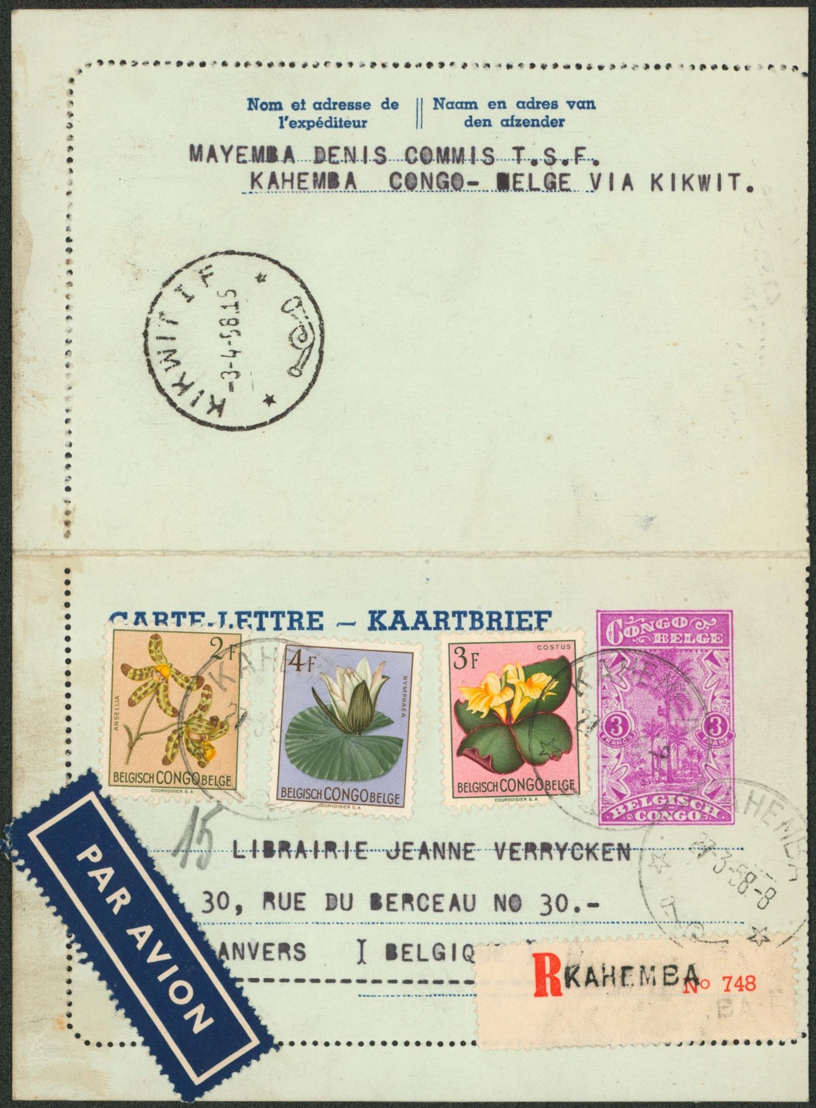 Congo Belge - EP au type carte-lettre 3F + affranch. Complémentaire (fleurs) çàd n°313/15 expédié par avion en recommandé de Kahemba > Anvers. Rare, texte ! 