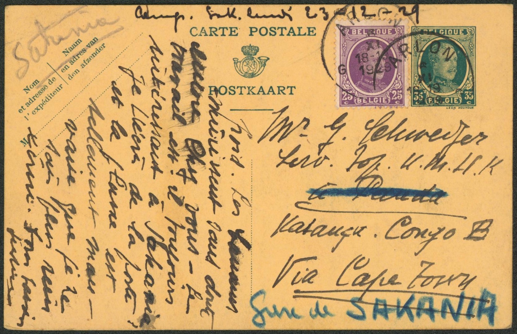 EP au type 35ctm vert Houyoux + n°198 expédié de Arlon > Panda (Katanga) corrigé à la craie bleu GARE DE SAKANIA via Capetown. 