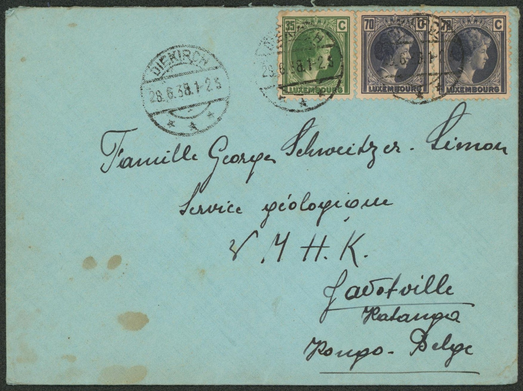 Luxembourg - 70C x2 + 35C sur lettre expédié de Diekirch > Jadotville (Katanga, Congo Belge)