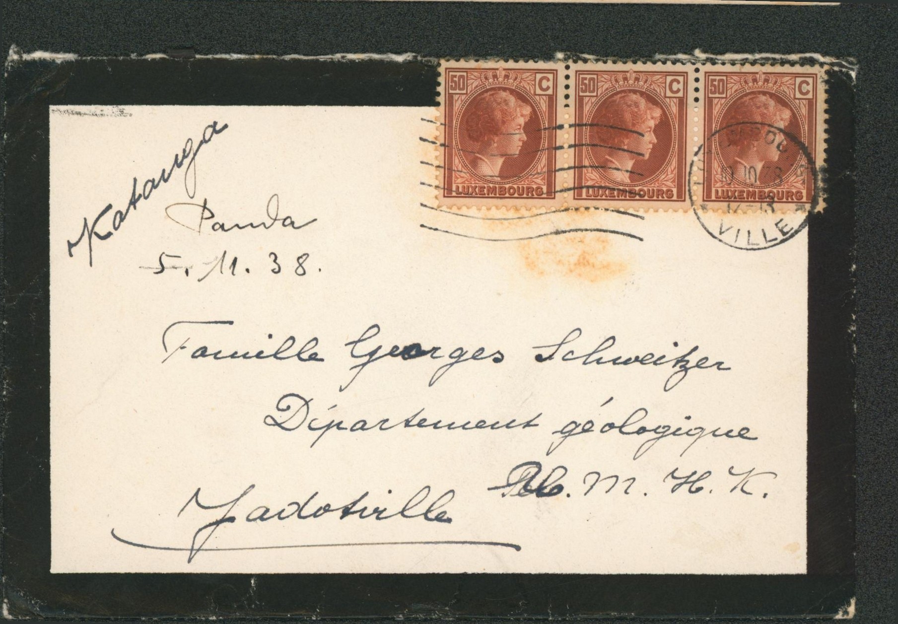Luxembourg - 50C x3 sur lettre expédié de Luxembourg / Ville çàd cachet mécanique > Jadotville (Congo Belge). 