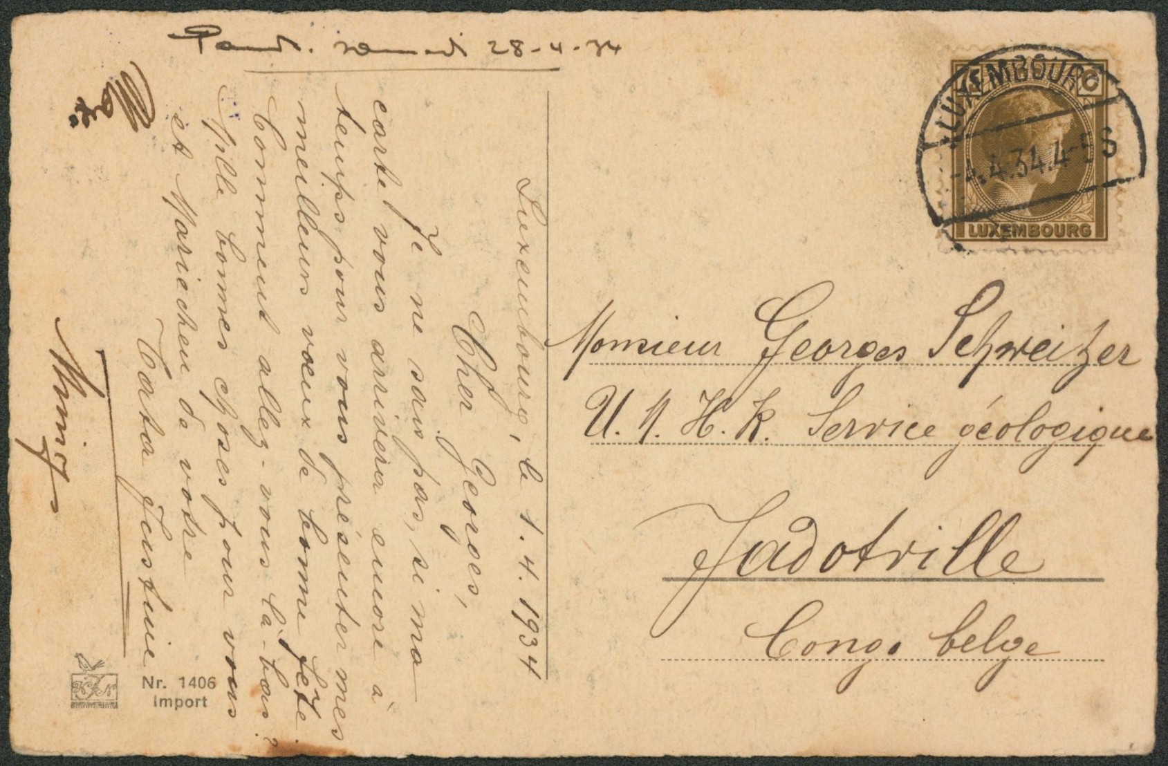 Luxembourg - 75C sur CP expédié de Luxembourg > Jadotville (Congo Belge). 