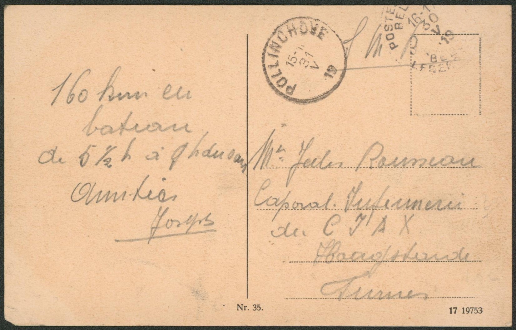 CP en S.M. obl P.M.B. (1919) + texte "160km en bateau" > Caporal infirmier à Furnes + cachet de fortune Pollinchove. "