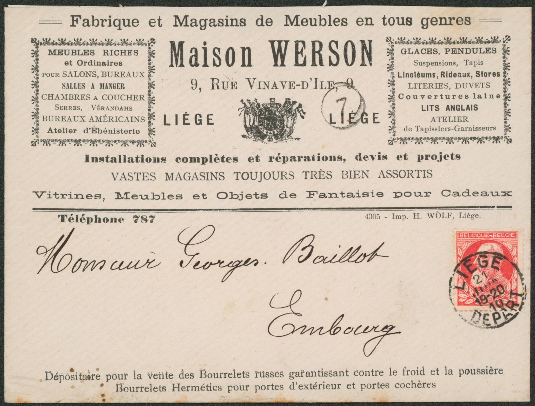 n°74 sur lettre décorée "Maison werson, fabrique et magasin de meubles" expédié de Liège > Embourg"