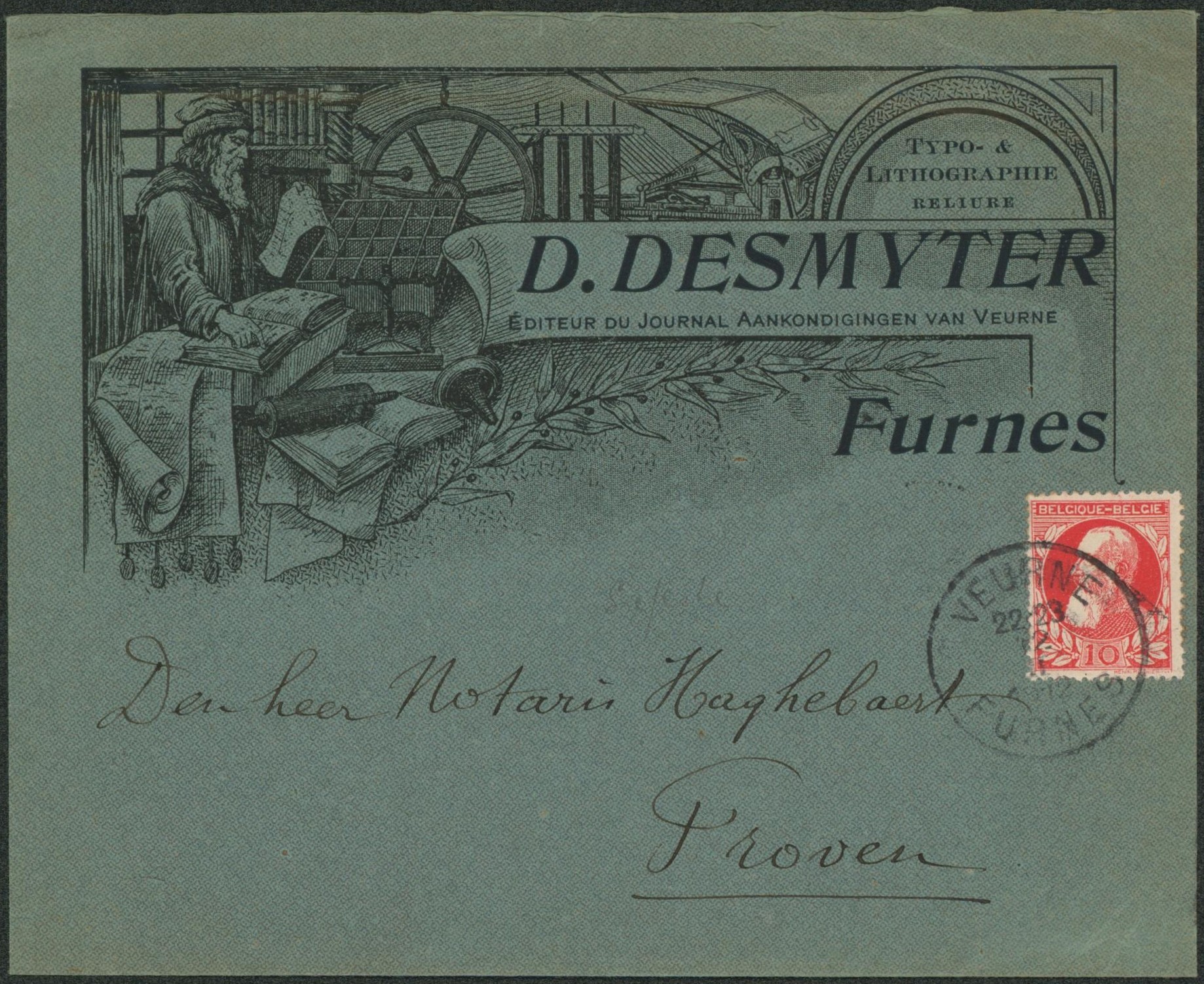 n°74 sur lettre illustrée (éditeur du journal Aankondigingen van Veurne) + cachet bilingue "Veurne / Furnes" > Proven çàd obl relais. "