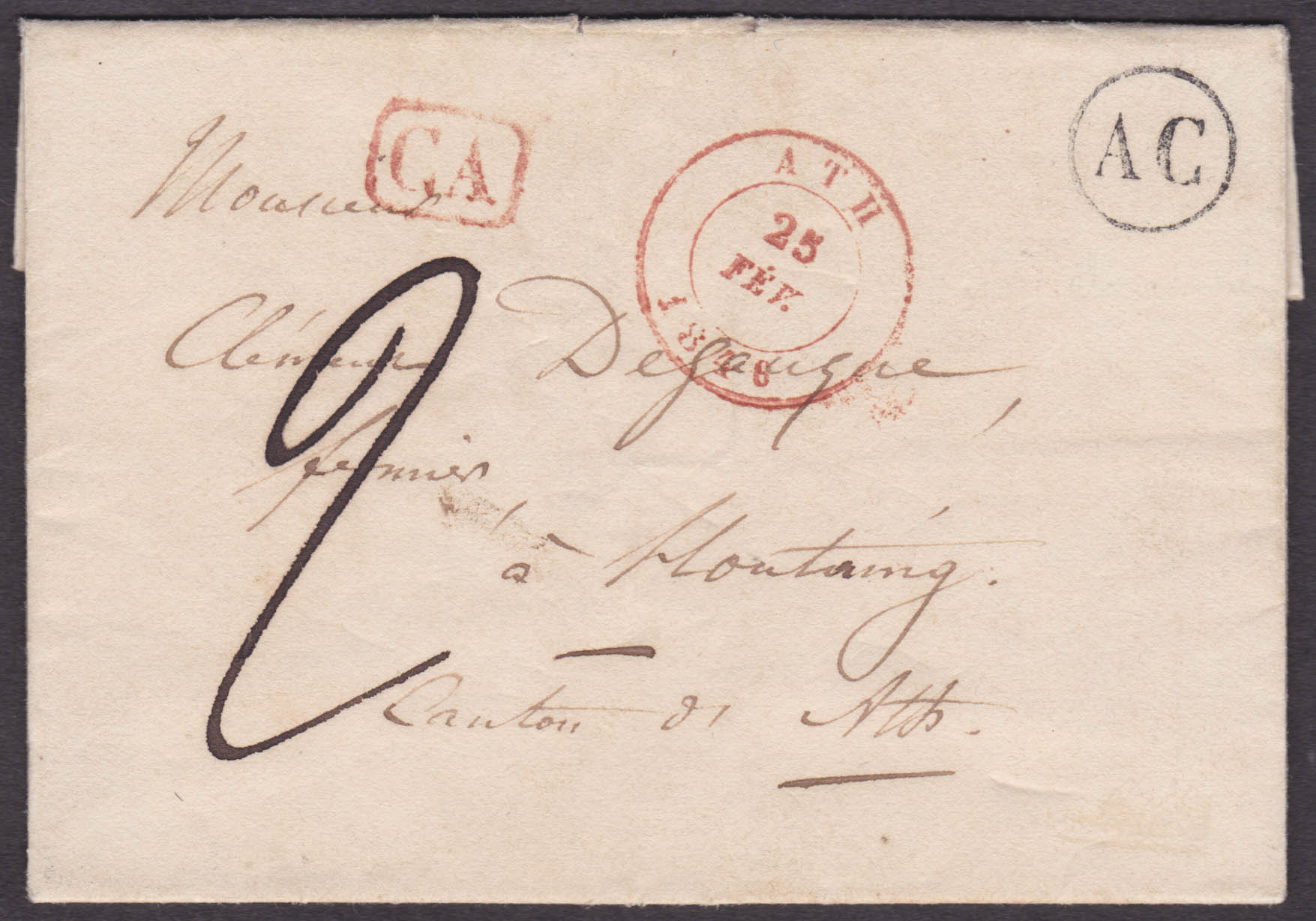 LAC datée de Chièvres 24/2/1846, obl Ath 25/2/1848, boite AC et CA veres Houtaing. Port "2" décimes."