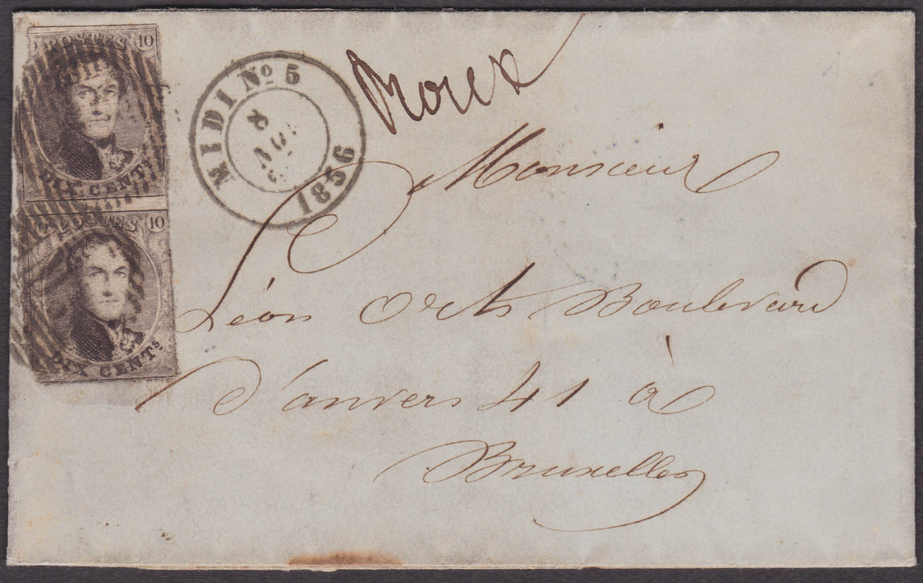 6 en paire verticale, touchés, obl MV + càd Midi  5 du 8/11/56 et manuscrit "Roux" sur LSC vers BXL."