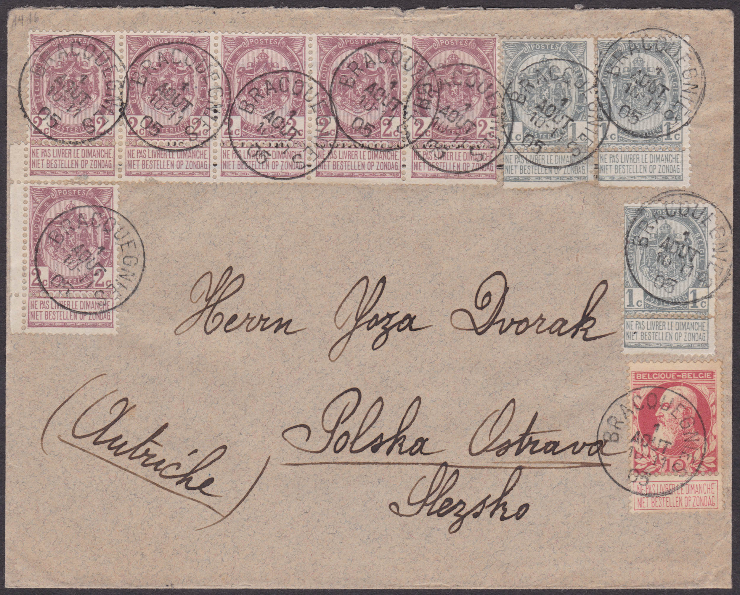 53x3-55x6-74 obl Bracquegnies 1/8/1905 vers Polska Ostrava, Autriche. Càd arrivée au verso. TB