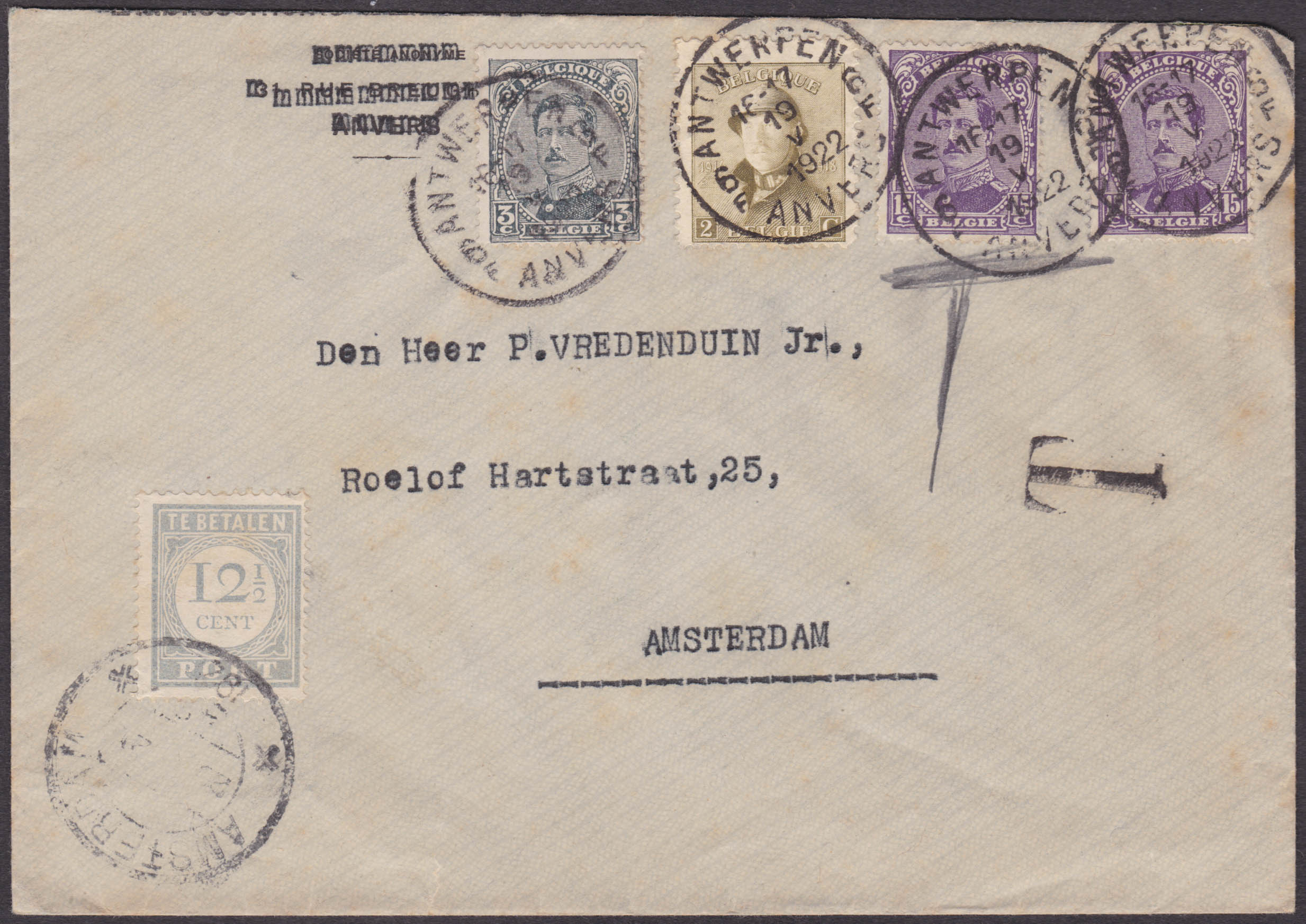 139x2-166-183 obl Antwerpen 19/5/1922 vers Amsterdam. Taxe 12 1/2c à l'arrivée.