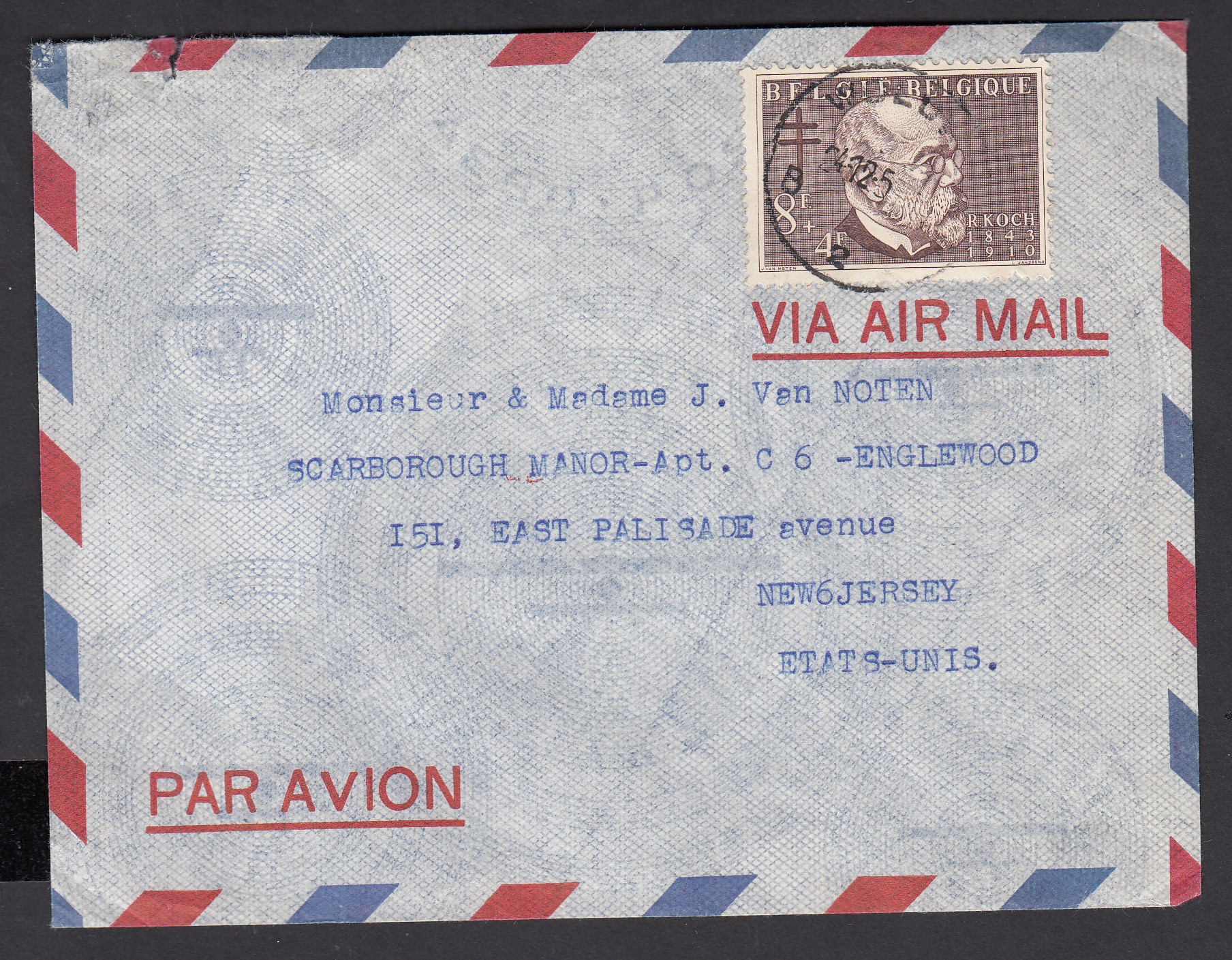 937 sur lettre par avion de Woluwé verse USA.