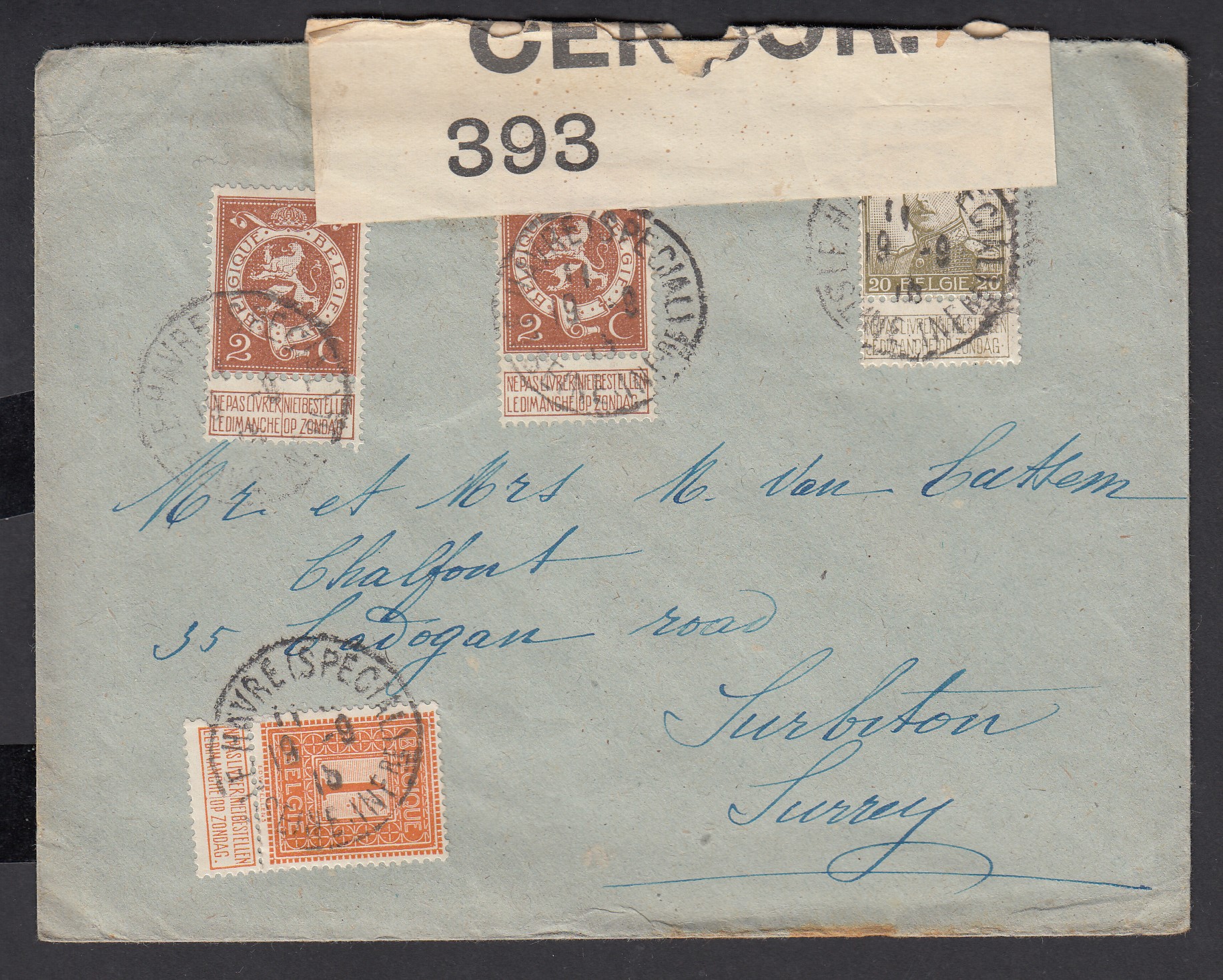 108 +109x2 +124 sur lettre du Havre (Spécial) le 19.9.1915 vers Surbiton, Angleterre. Bande de censure britannique Càd au verso.