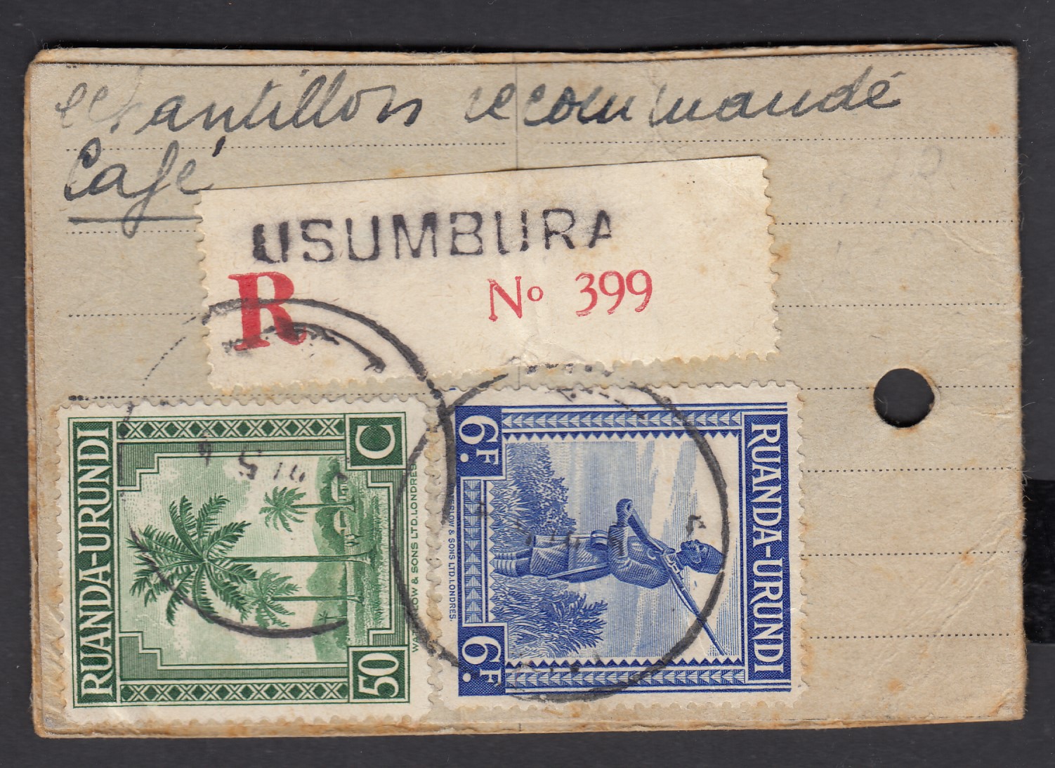 Ruanda-Urundi : 132 +142 sur étiquette de colis en recommandé d'Usumbura à destination d'Anderlues.