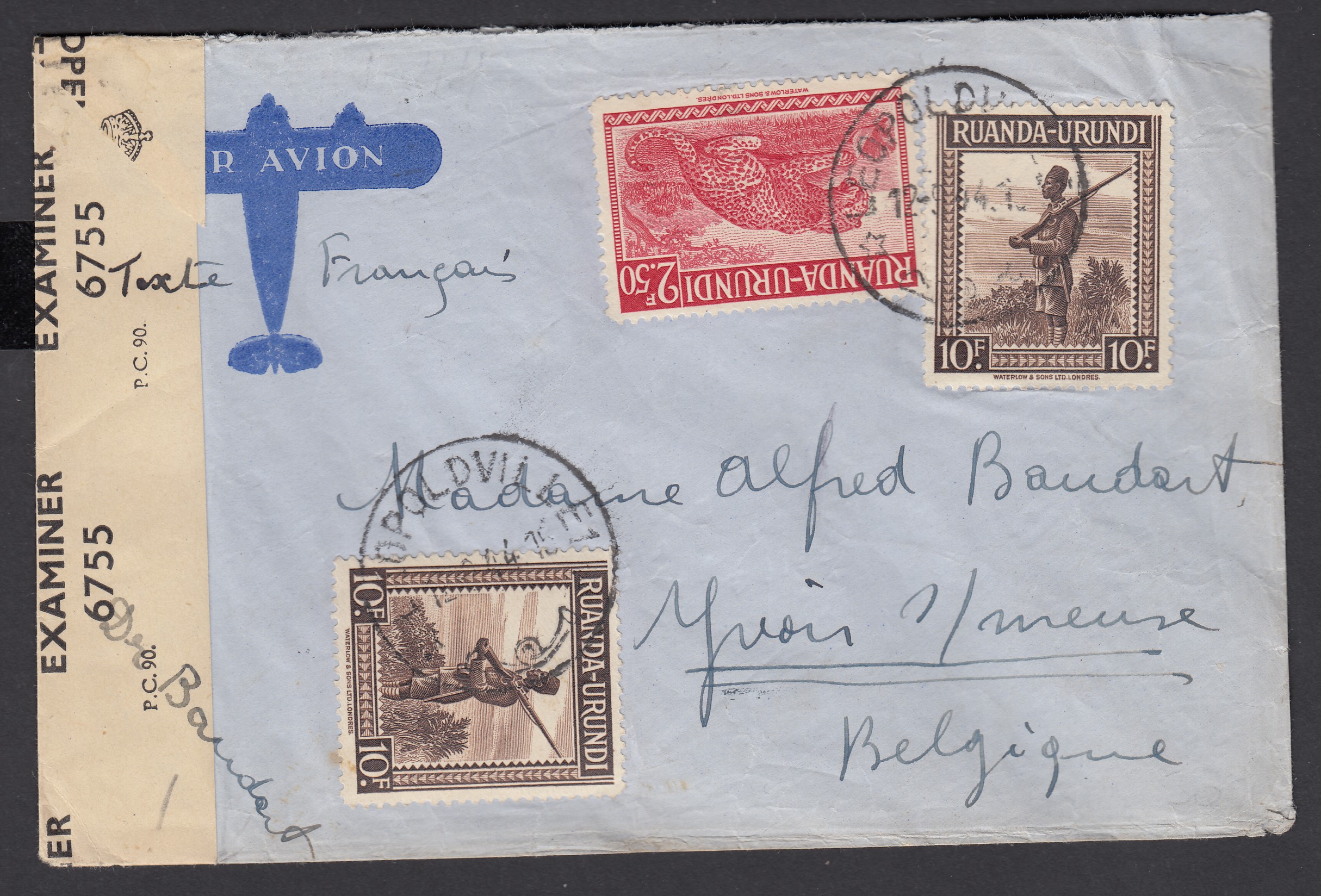 Ruanda-Urundi : 139 +144x2 sur lettre par avion de Léopoldville le 12.9.1944 à destination d'Yvoir s/Meuse. Bande de censure des alliés. Càd à BXL au verso.
