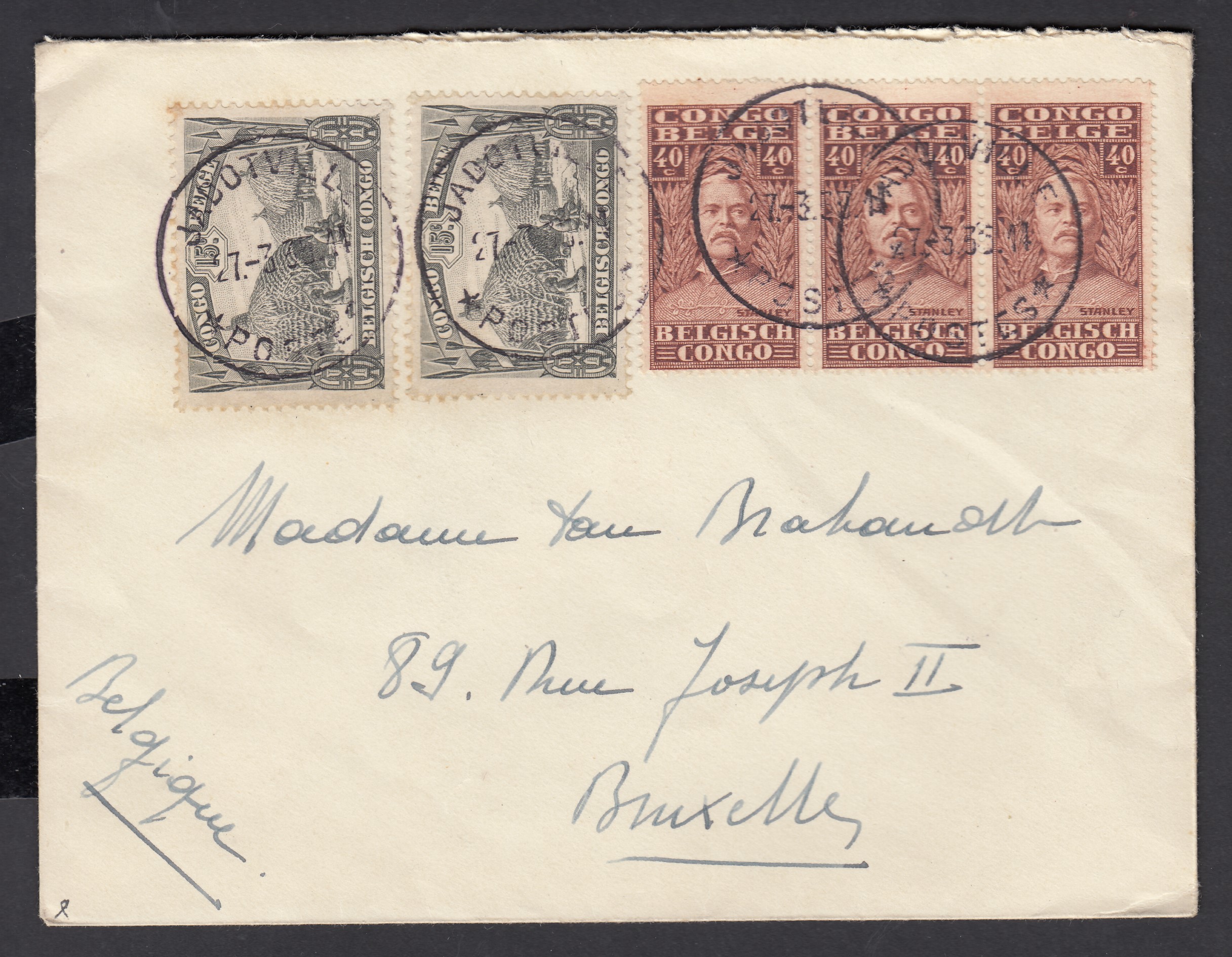 139 en bande de 3 +169x2 sur lettre de Jadoville le 27.3.1935 vers BXL