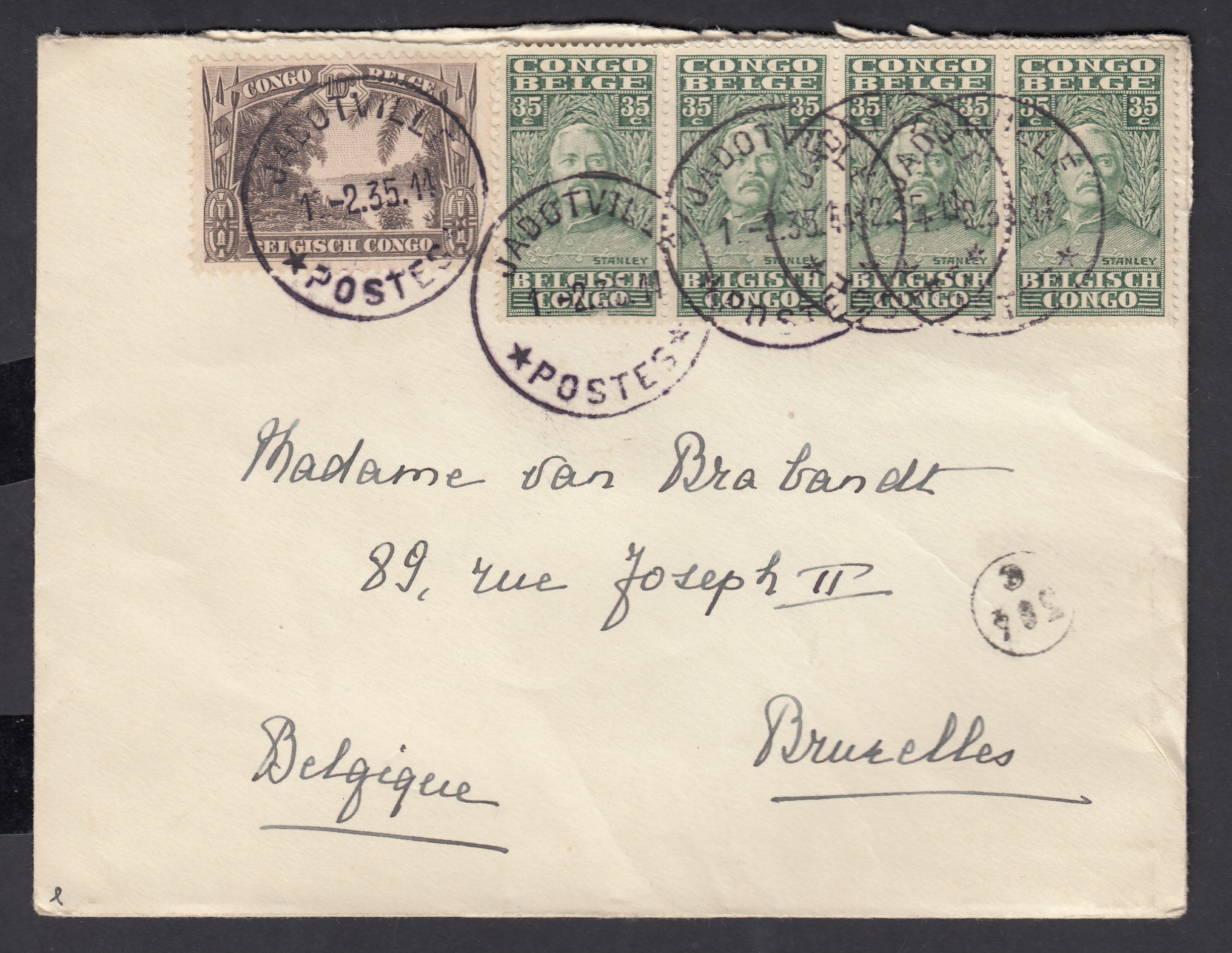 138 en bande de 4 +168 sur lettre de Jadoville le 1.2.1935 vers BXL.