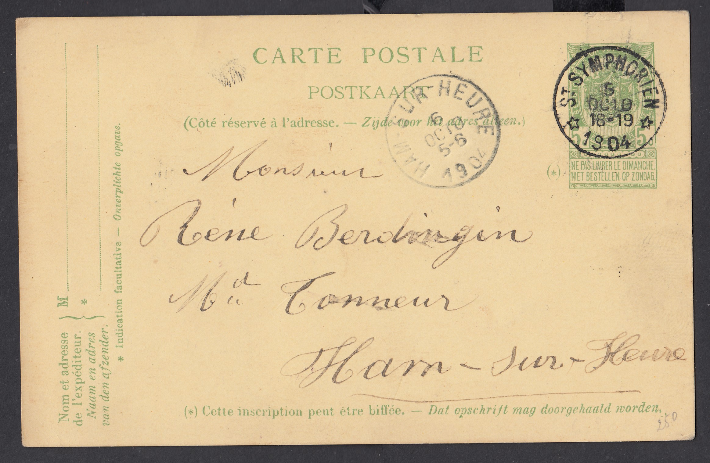 Ep5c type « Fine Barbe -Tp 56 » du relais de St-Symphorien le 5 oct.1904 vers Ham-sur-Heure. Càd au recto.