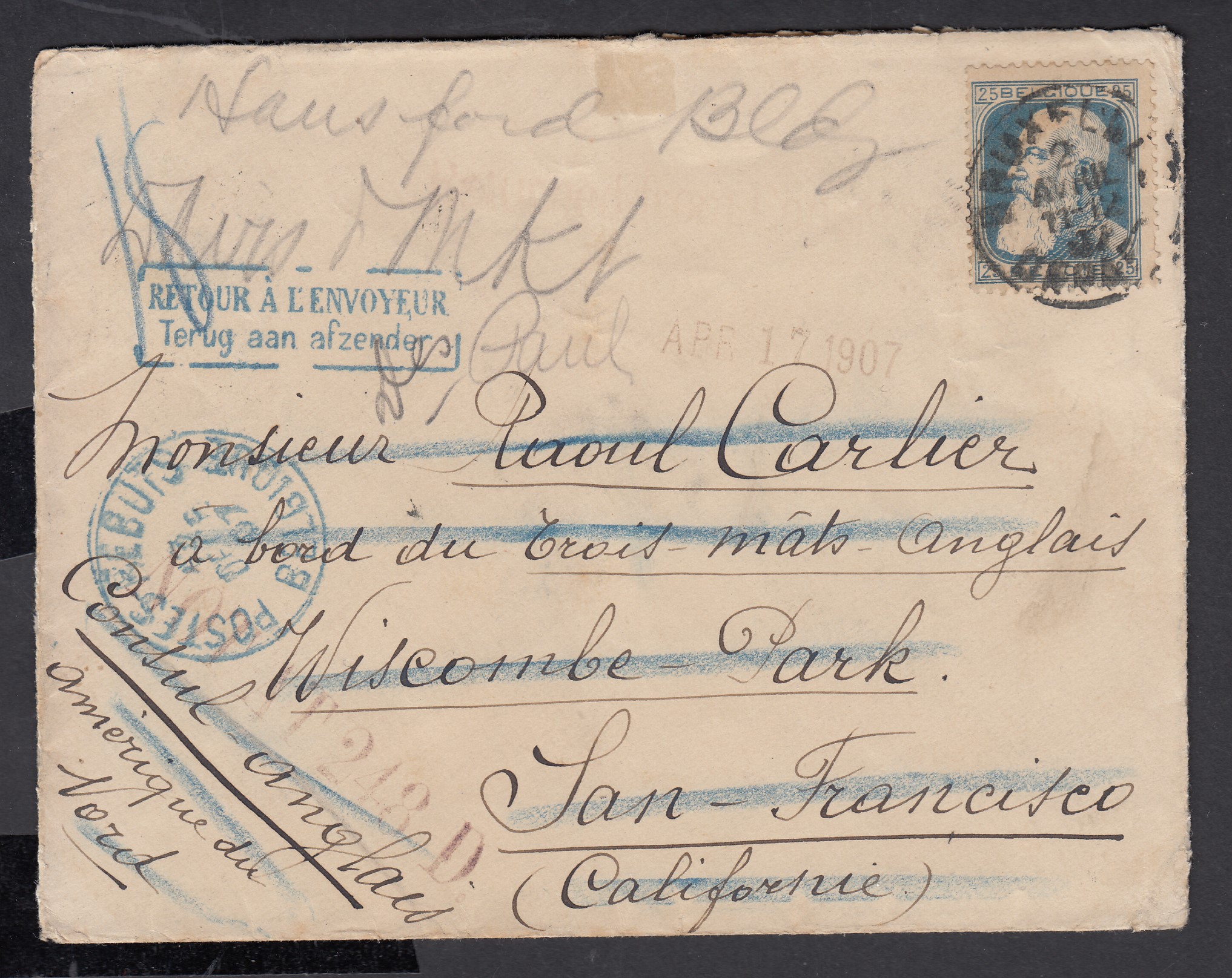 75 sur lettre de BXL le 2 avril 1907 vers San Francisco, USA. Adresse biffée + Griffe bilingue « Retour à l'envoyeur » avec cachet bleu « Postes-Reuts ». Càd au verso.