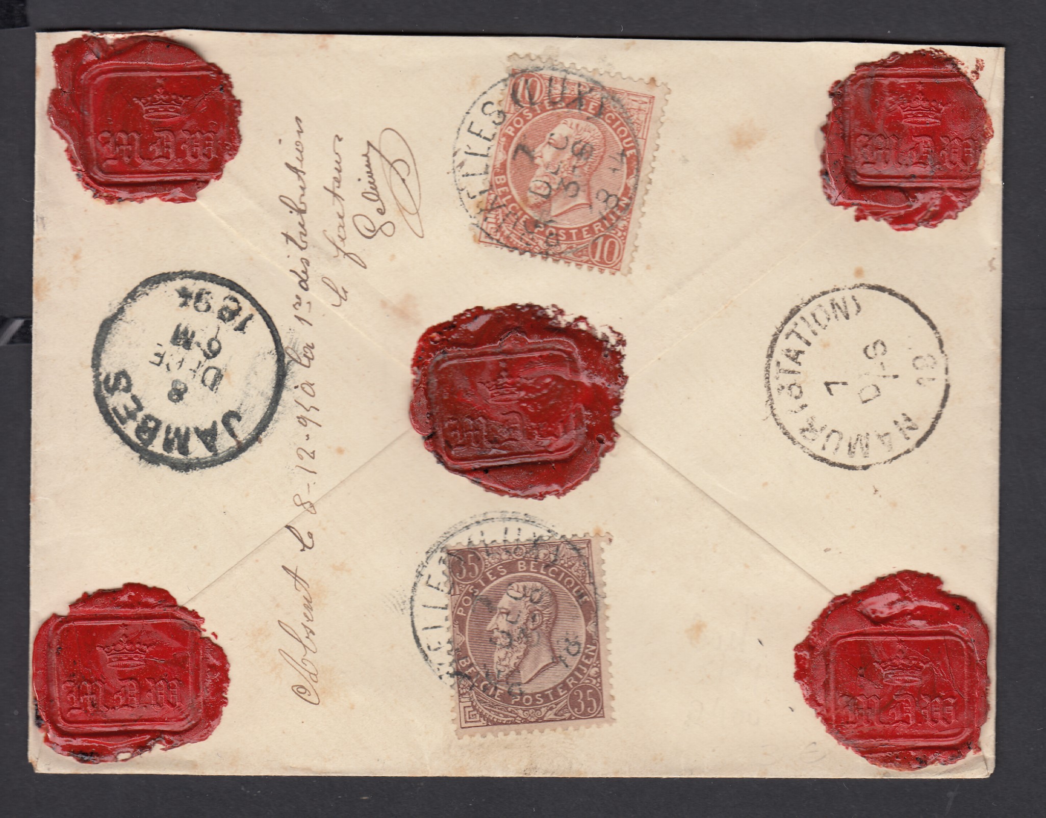 57 +61 au verso de la lettre en valeur assurée (500Frs) de BXL (LUX) le 7 Octo 1894 vers Jambes. Càd au verso.