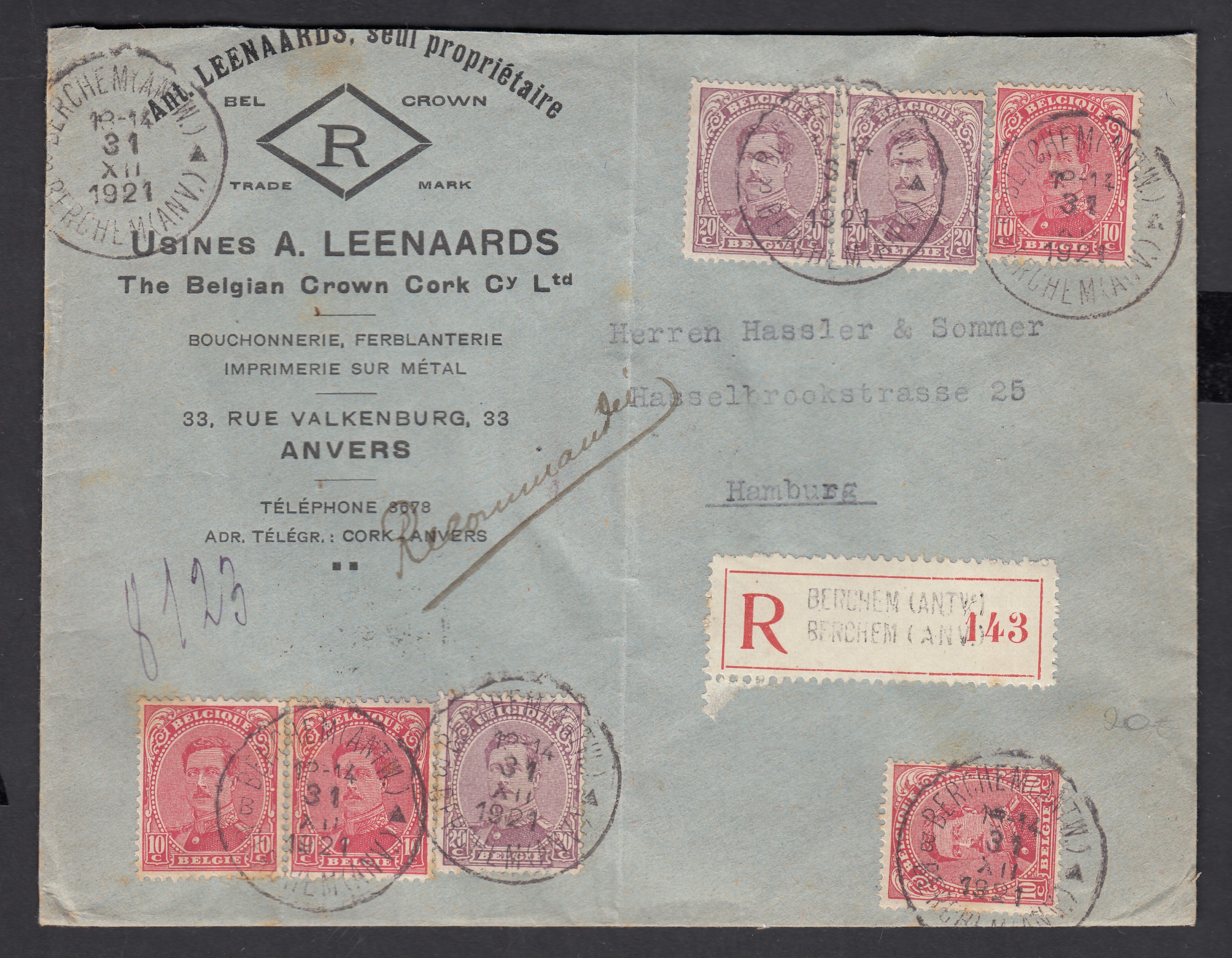 168x4 +140x3 sur lettre à entête commerciale, en recommandé de Berchem (Antw.) le 31.XII.1921 à destination d'Hamburg, Allemagne. Càd au verso.