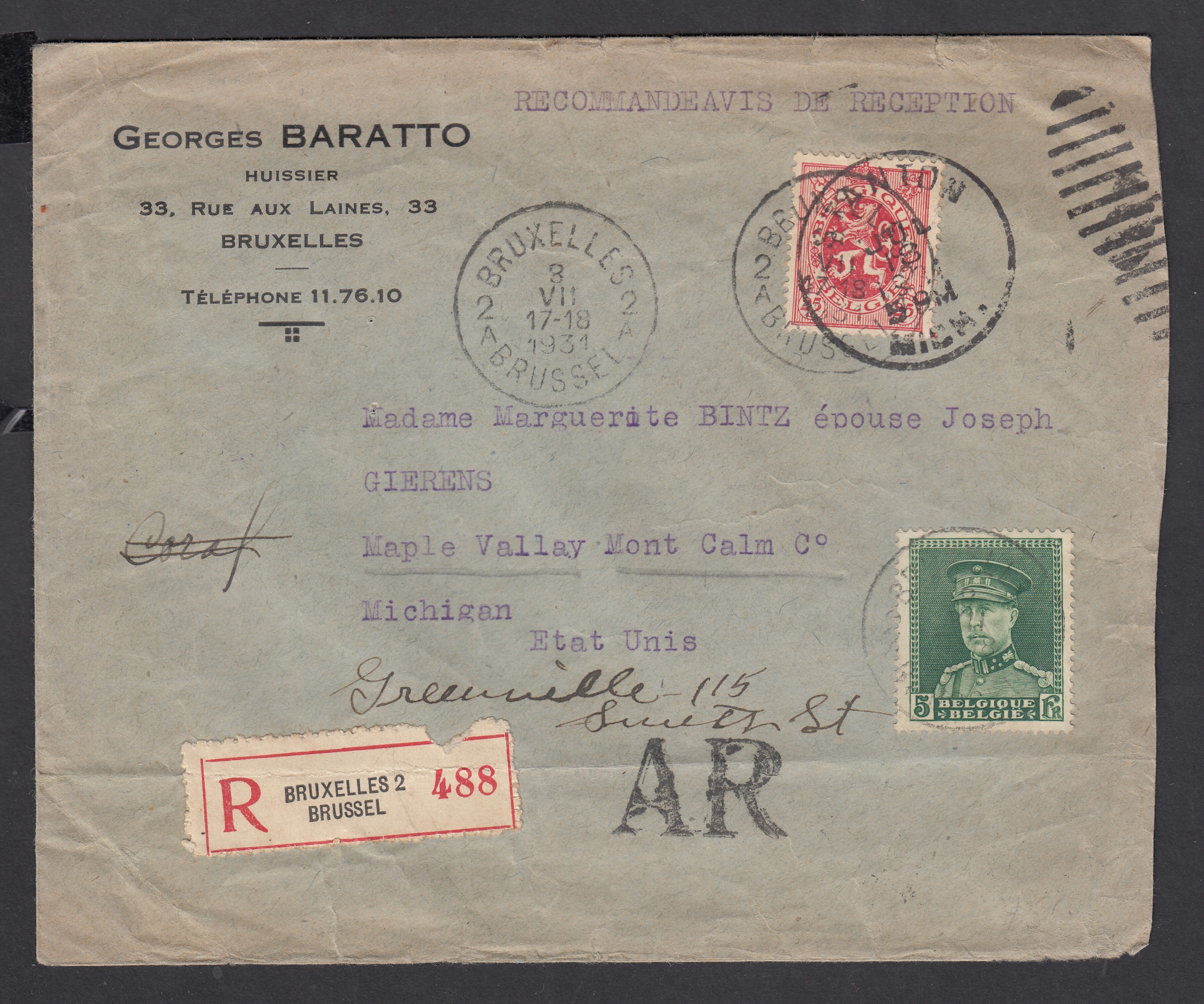 282 +323 sur lettre en recommandé avec avis de réception ( Griffe AR) de BXL 2A le 8.VII.1931 verss USA. Divers cachets de passages + Càd au verso.