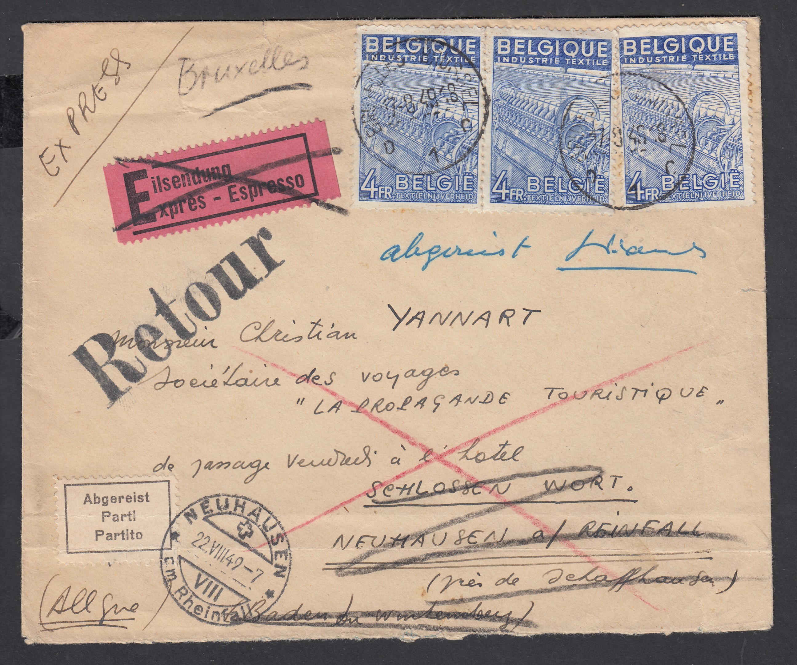 771x3 sur lettre en exprès de BXL le 7.8.1949 vers Neuhausen. Càd au recto /verso. Ambt «all. »Köln-Aachen » au verso.