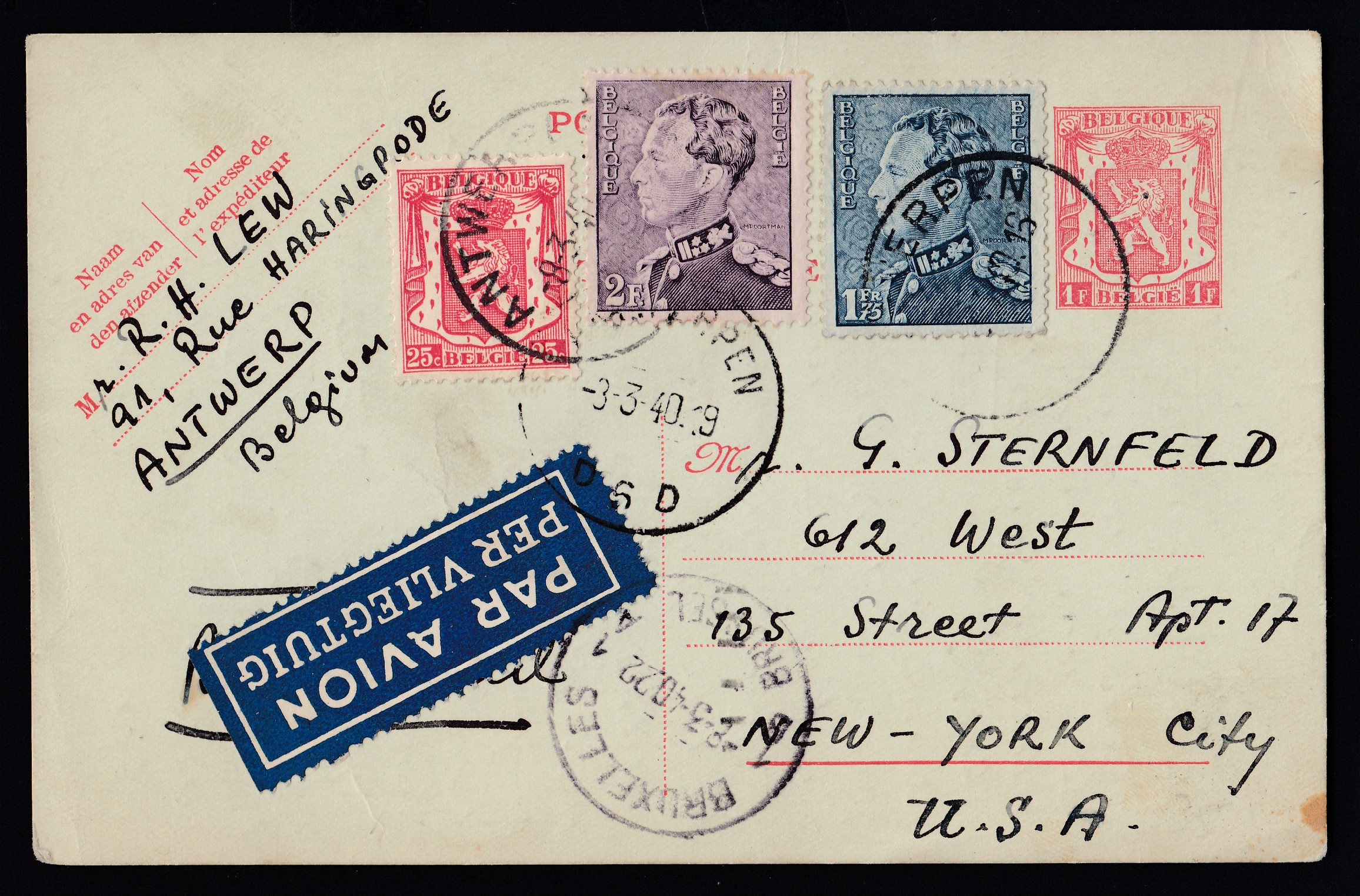 423 +430/31 sur Ep1F type « Petit sceau de l'Etat » par avion d'Antwerpen le 3.3.1940 via BXL vers New-York. Càd au verso.