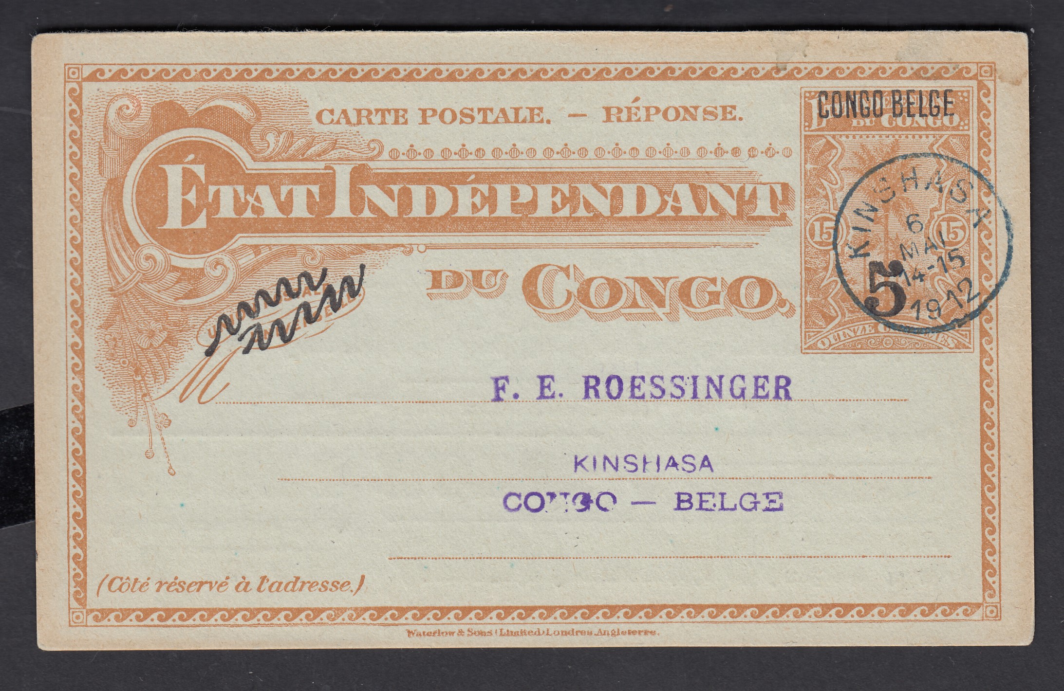 Ep5c/15c type « Palmiers » de et vers Kinshasa le 6 mai 1912. Piquage publicitaire au verso.