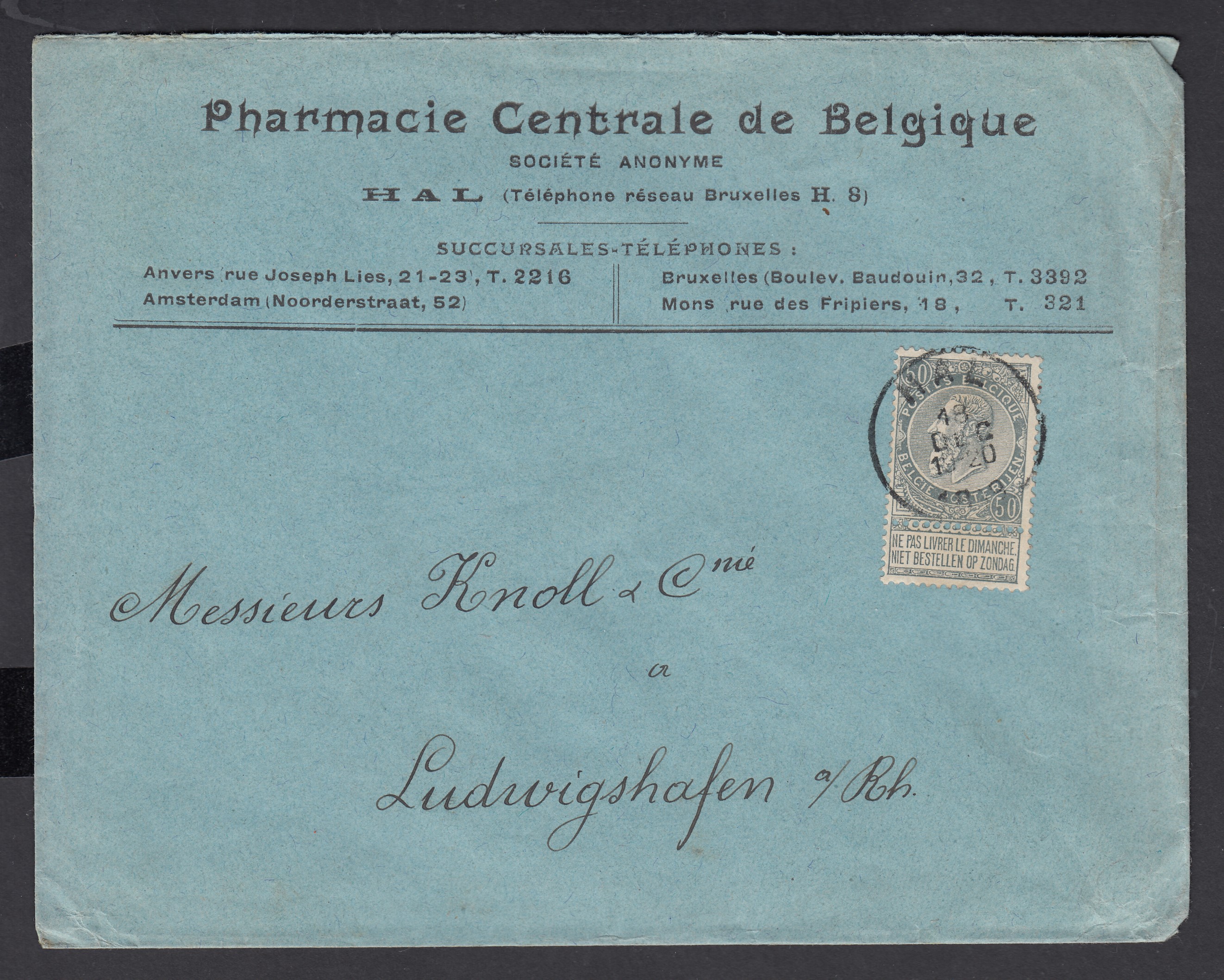 63 sur lettre de Hal le 18 déc.1899 vers Ludwigshafen, Allemagne. Càd au verso.