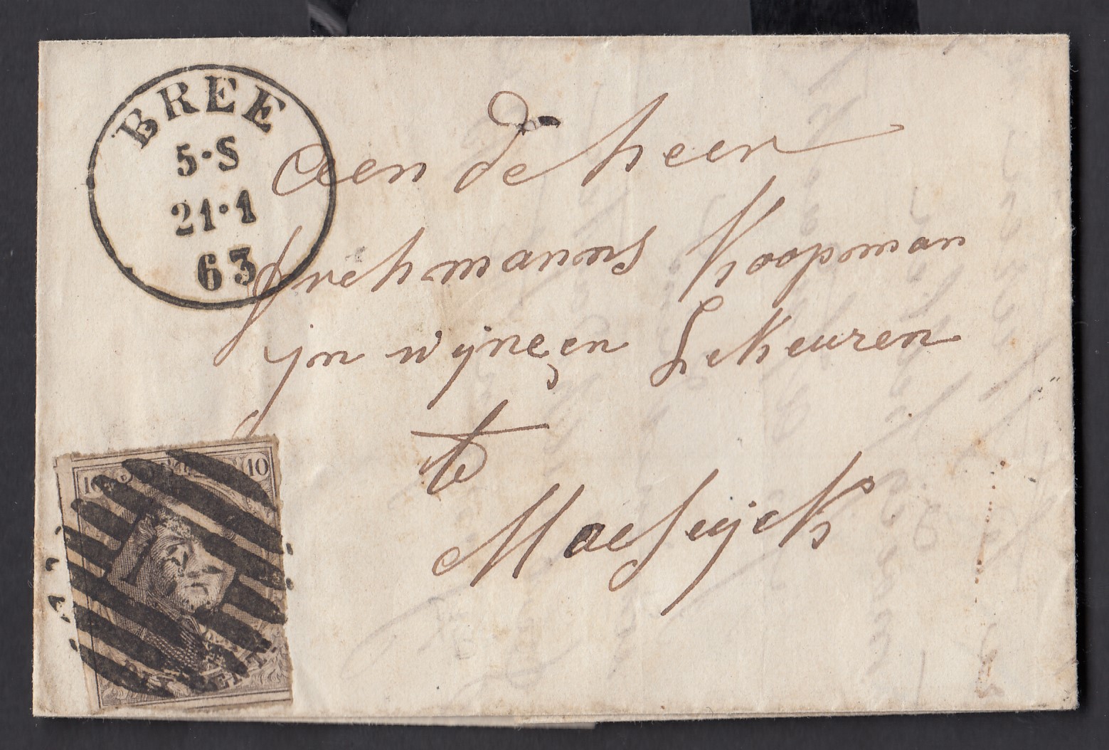 10 touché sur LAC de Brée (P195 8barres) le 21.1.1863 vers Maesijck. Càd au verso.