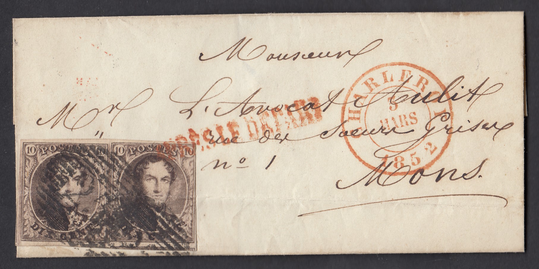 6 en paire margée sur LSC de Charleroi (P25) le 5 mars 1852 ( Griffe linéaire rouge « APRES LE DEPART ») vers Mons. Càd au verso. Pli d'archive.