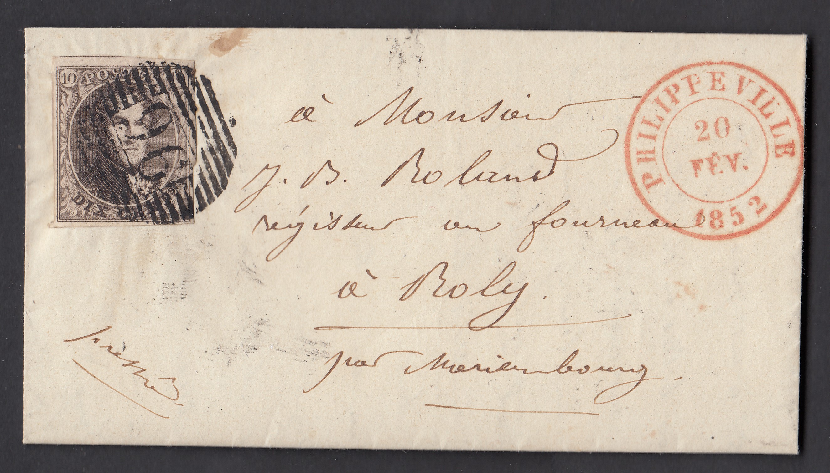 6 margé ( + un voisin) sur LAC datée de Cerfontaine le 20 février 1852, de Philippeville (P96) le 20 fev 1852 vers Roly. Càd à Mariembourg au verso.
