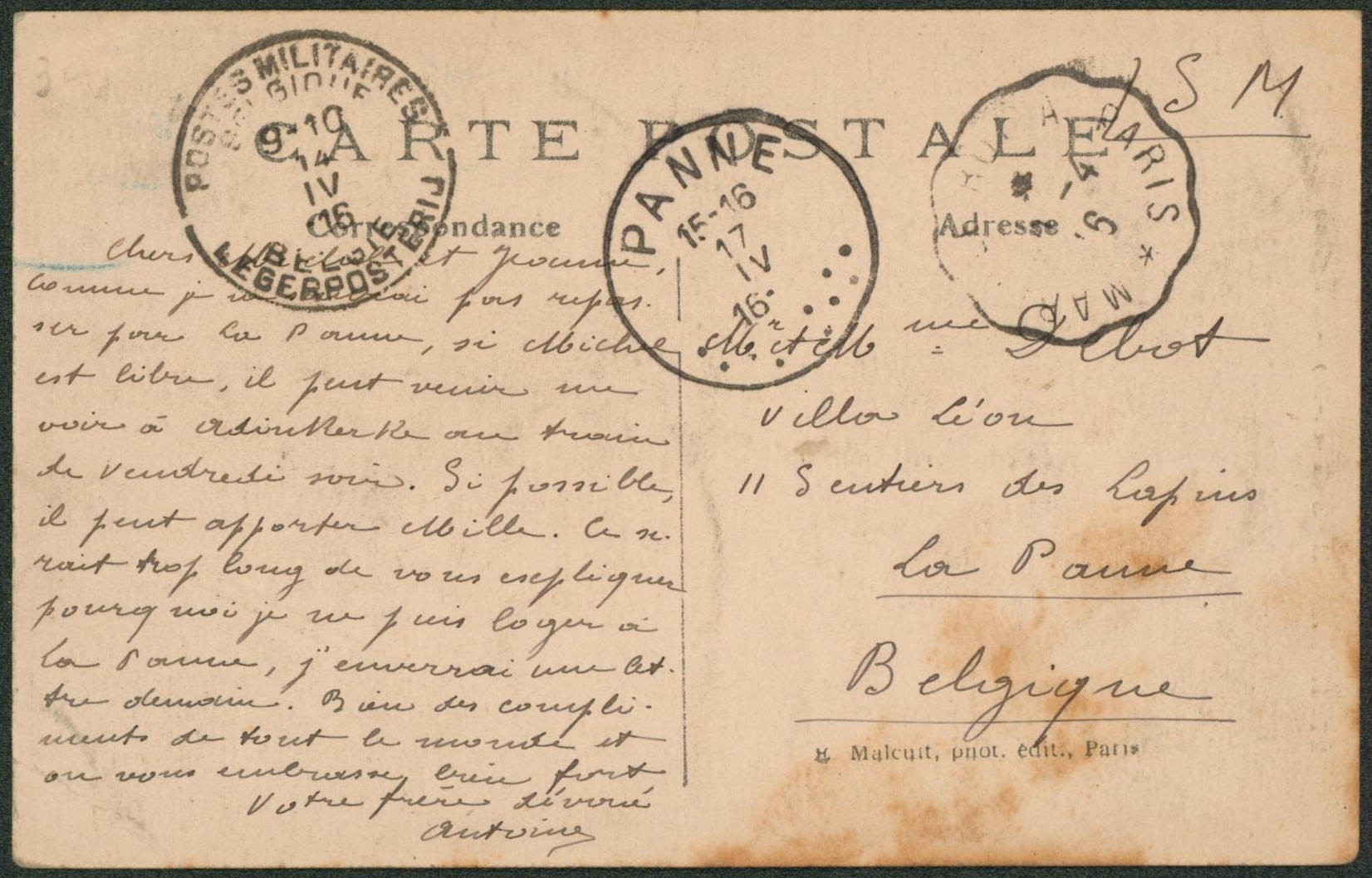 CP expédié en S.M. de Garches (France) çàd cachet convoyeur via P.M.B. > La panne (territoire non envahi) / Texte