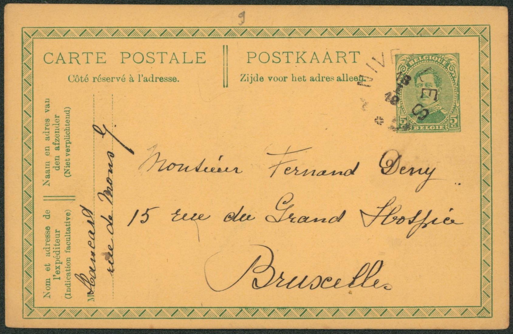 EP au type 5ctm vert Albert I + cachet de fortune sans cercles Nivelles > Bruxelles. 