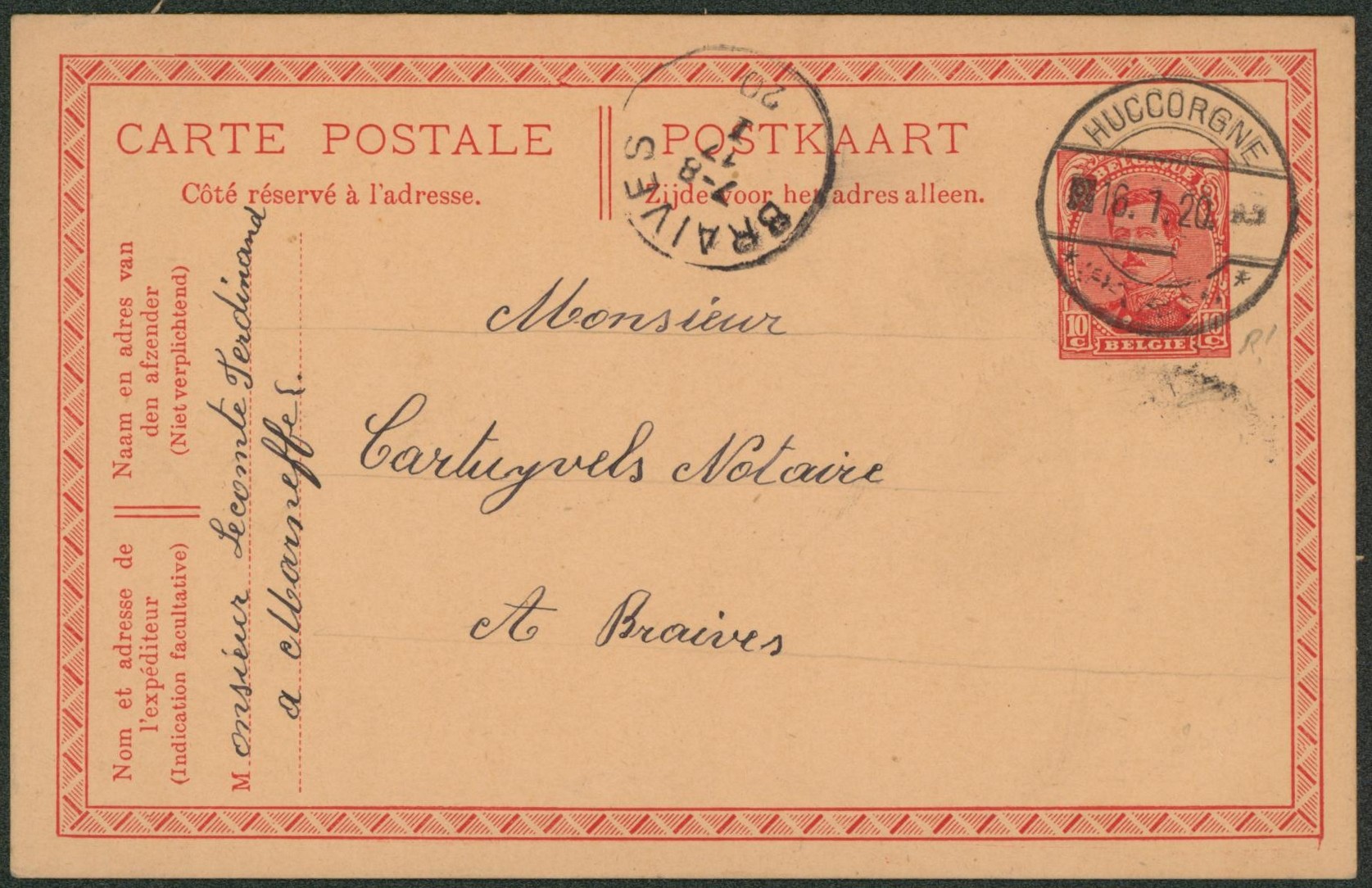 EP au type 10ctm rouge Albet I + cachet à pont "Huccorgne" (Belgian gratté) > Braives. "