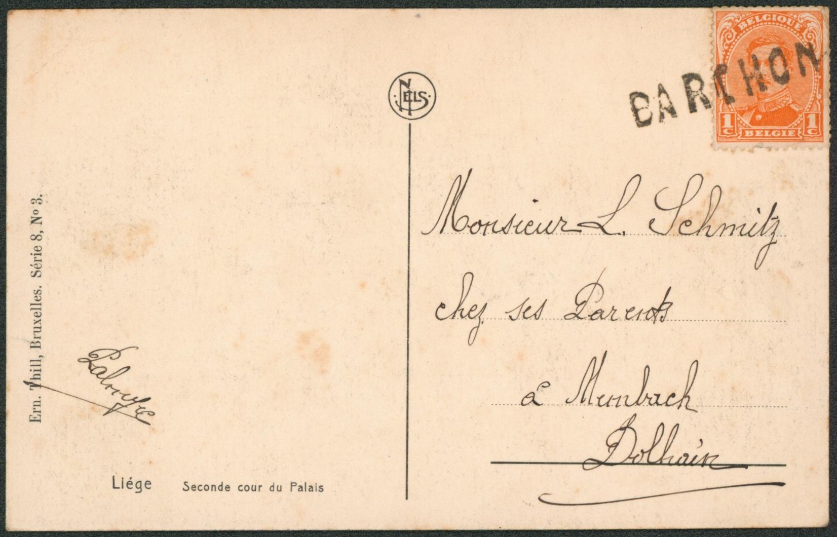 n°135 sur CP annulé par griffe de fortune BARCHON > Nunbach (dolhain)