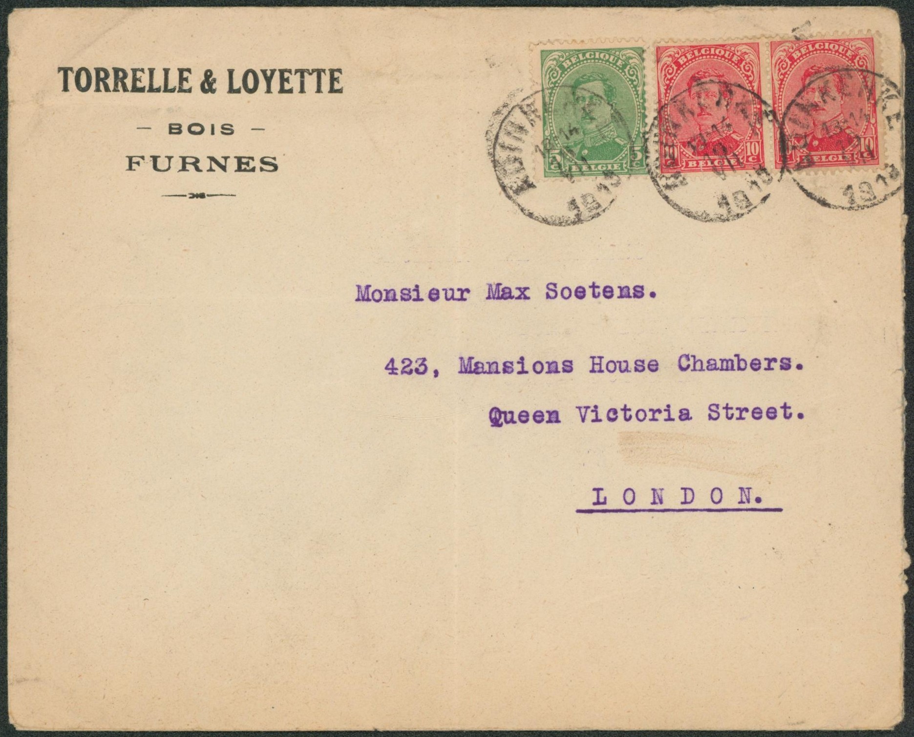 n°137 et 138 x2 sur lettre à en-tête + cachet de fortune "Adinkerke" > London"