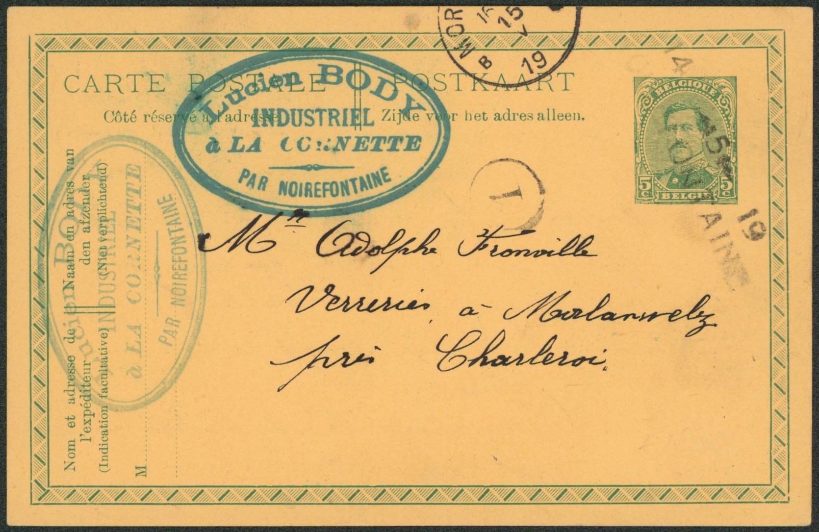 EP au type 5ctm vert Albert I annulé par griffe de fortune NOIREFONTAINE + cachet privé > Verreries à Morlanwelz